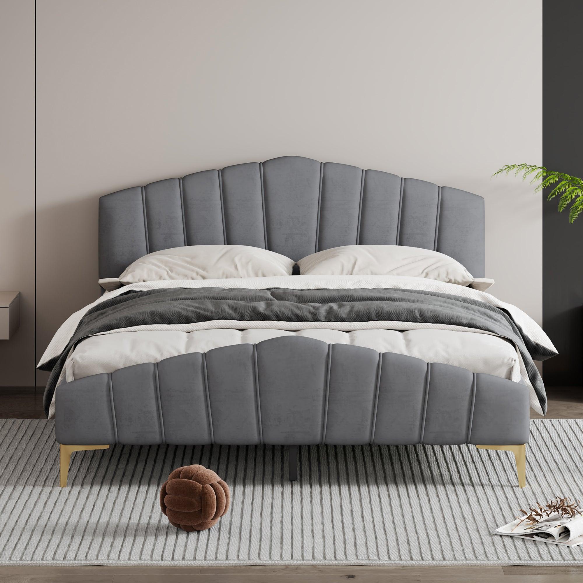 🆓🚛 Queen Size Velvet Platform Bed With Thick Fabric, Stylish Stripe Decorated Bedboard & Elegant Metal Bed Leg, Gray