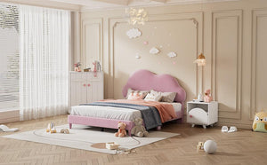 Full size Upholstered Cloud-Shape Bed , Velvet Platform Bed with Headboard, No Box-spring Needed, Pink