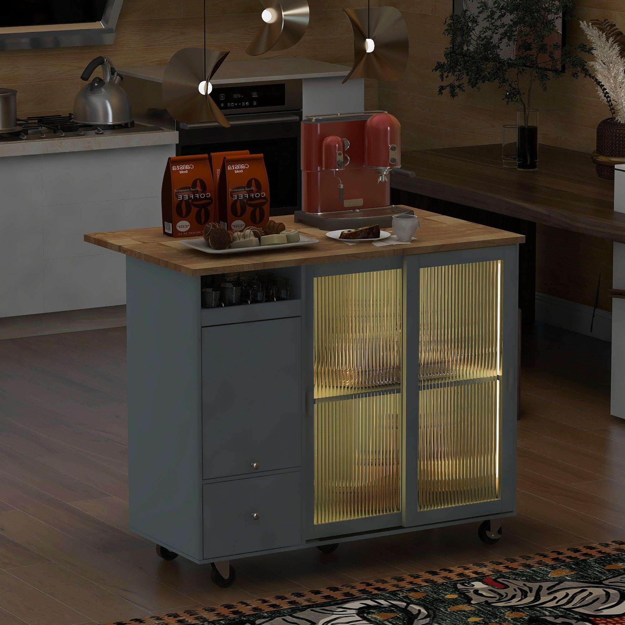 🆓🚛 Led Light Kitchen Cart On Wheels With 2 Fluted Glass Doors & 1 Flip Cabinet Door, Large Kitchen Island Cart With An Adjustable Shelf & 2 Drawers (Gray Blue)