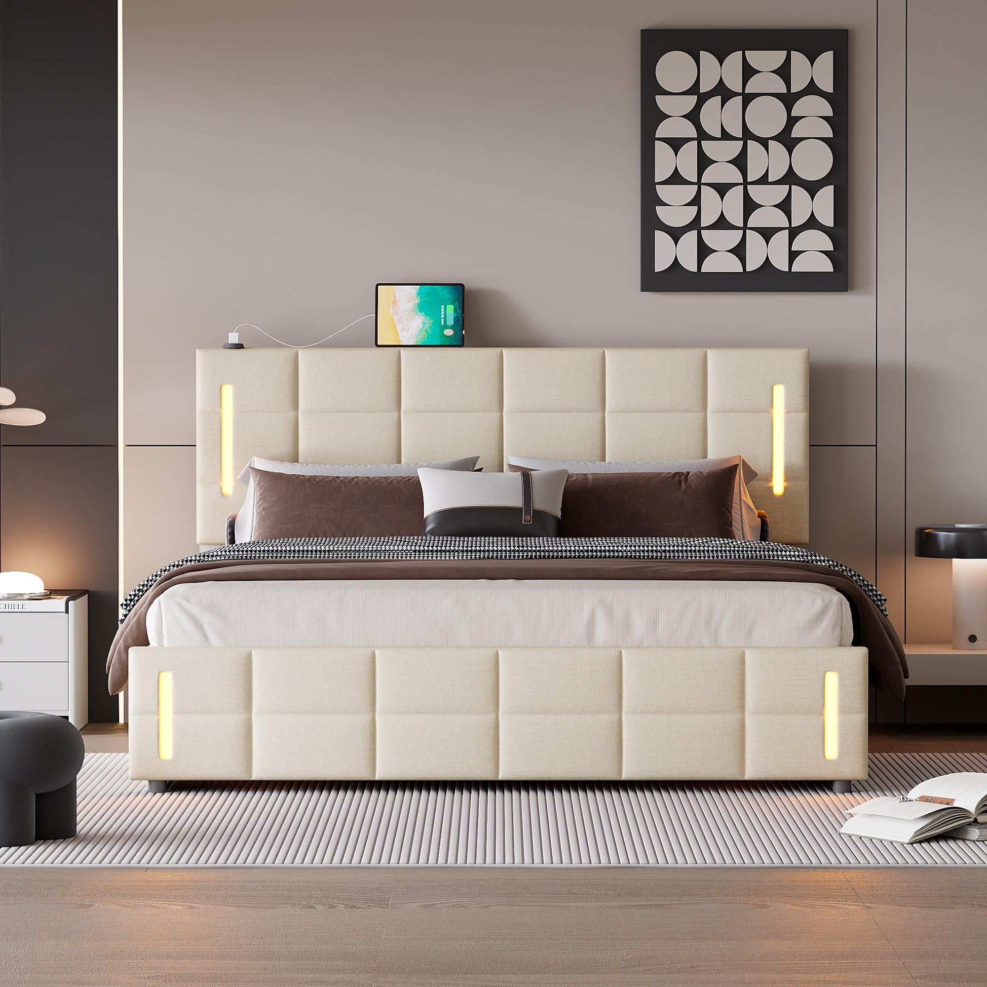 🆓🚛 Queen Size Upholstered Bed With Hydraulic Storage System & Led Light, Beige