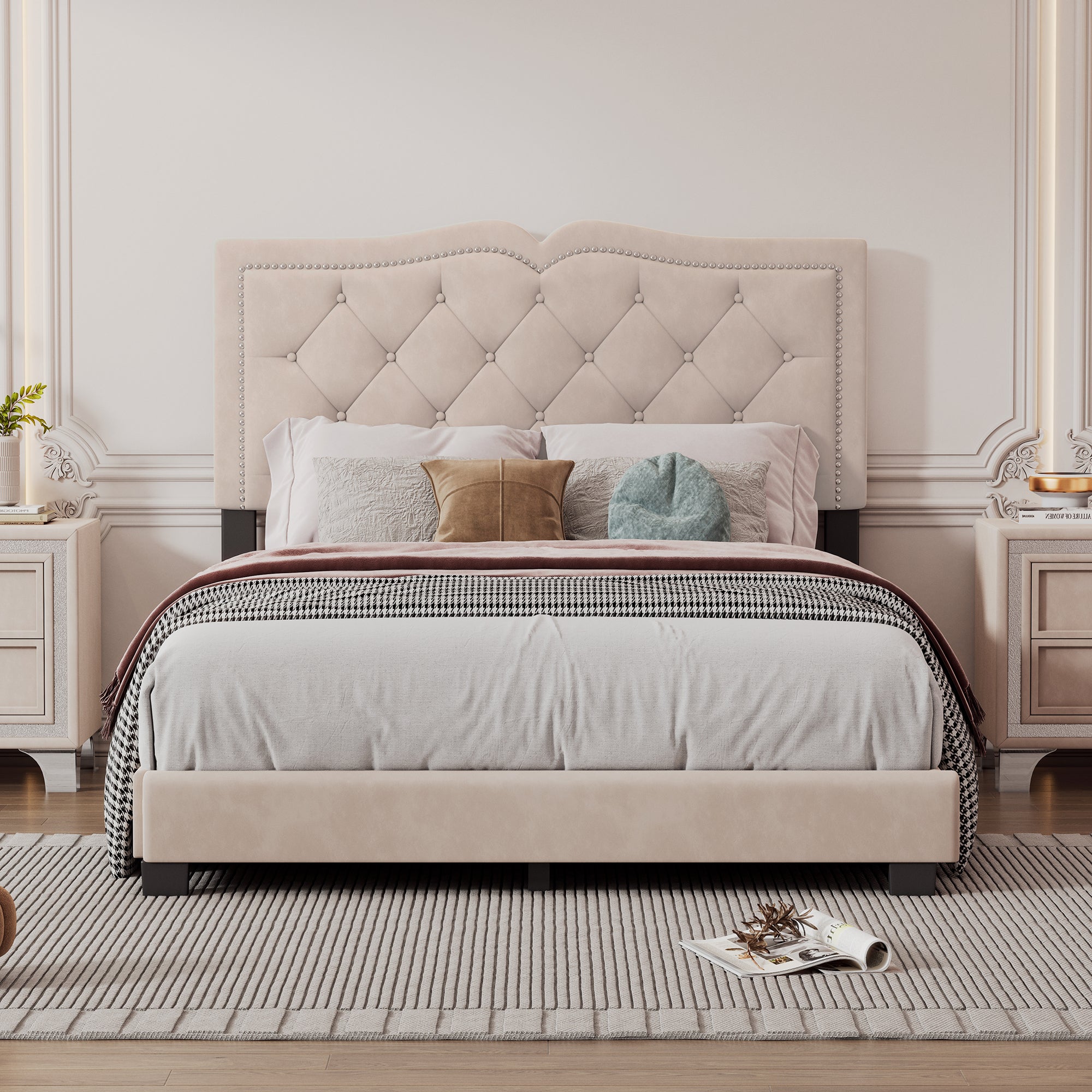 🆓🚛 Full Size Upholstered Bed Frame With Rivet Design, Modern Velvet Platform Bed With Tufted Headboard, Beige