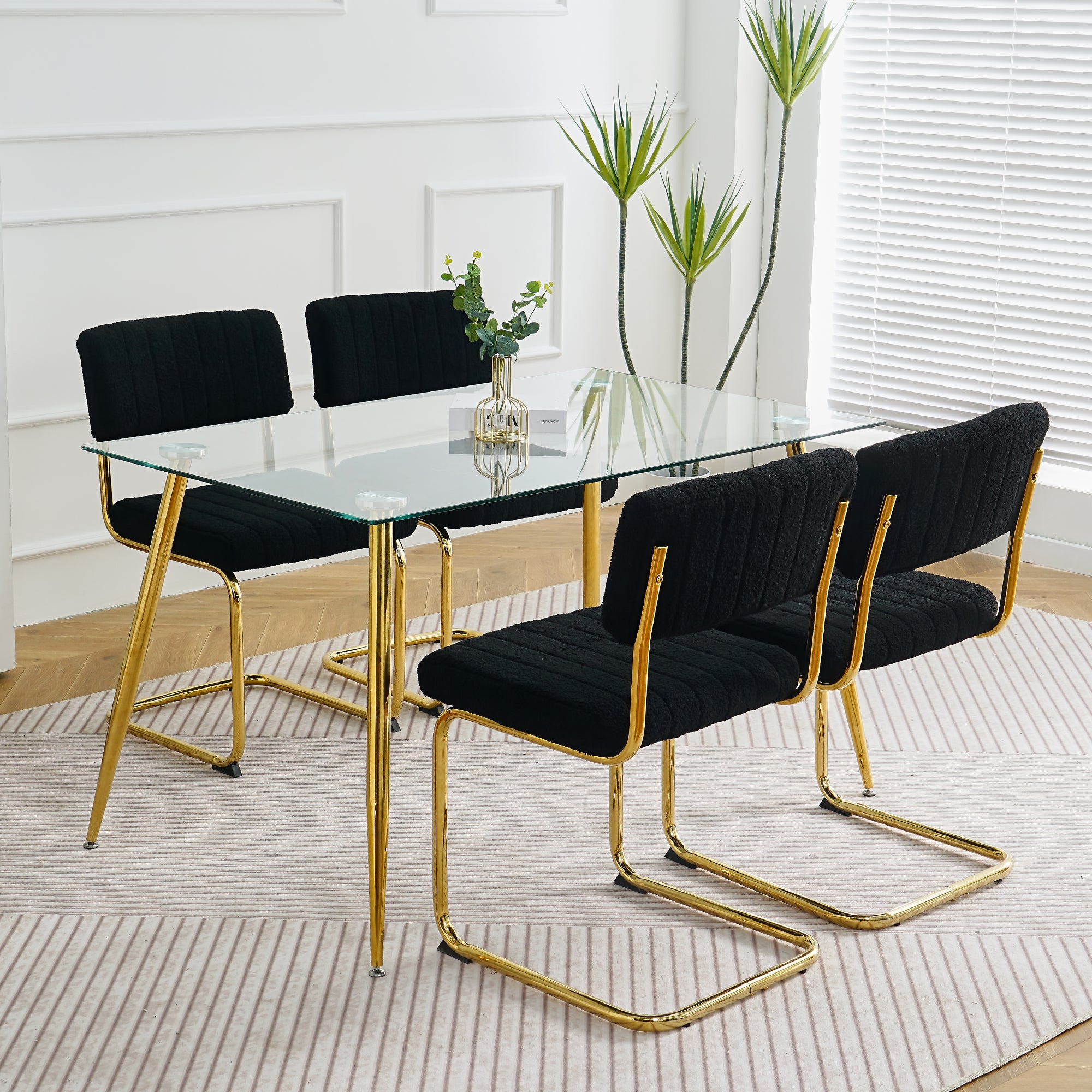 🆓🚛 Modern Simple Table and Chair Set, One Table and Four Chairs, Transparent Tempered Glass Top, Black Teddy Dining Chairs Golden Legs