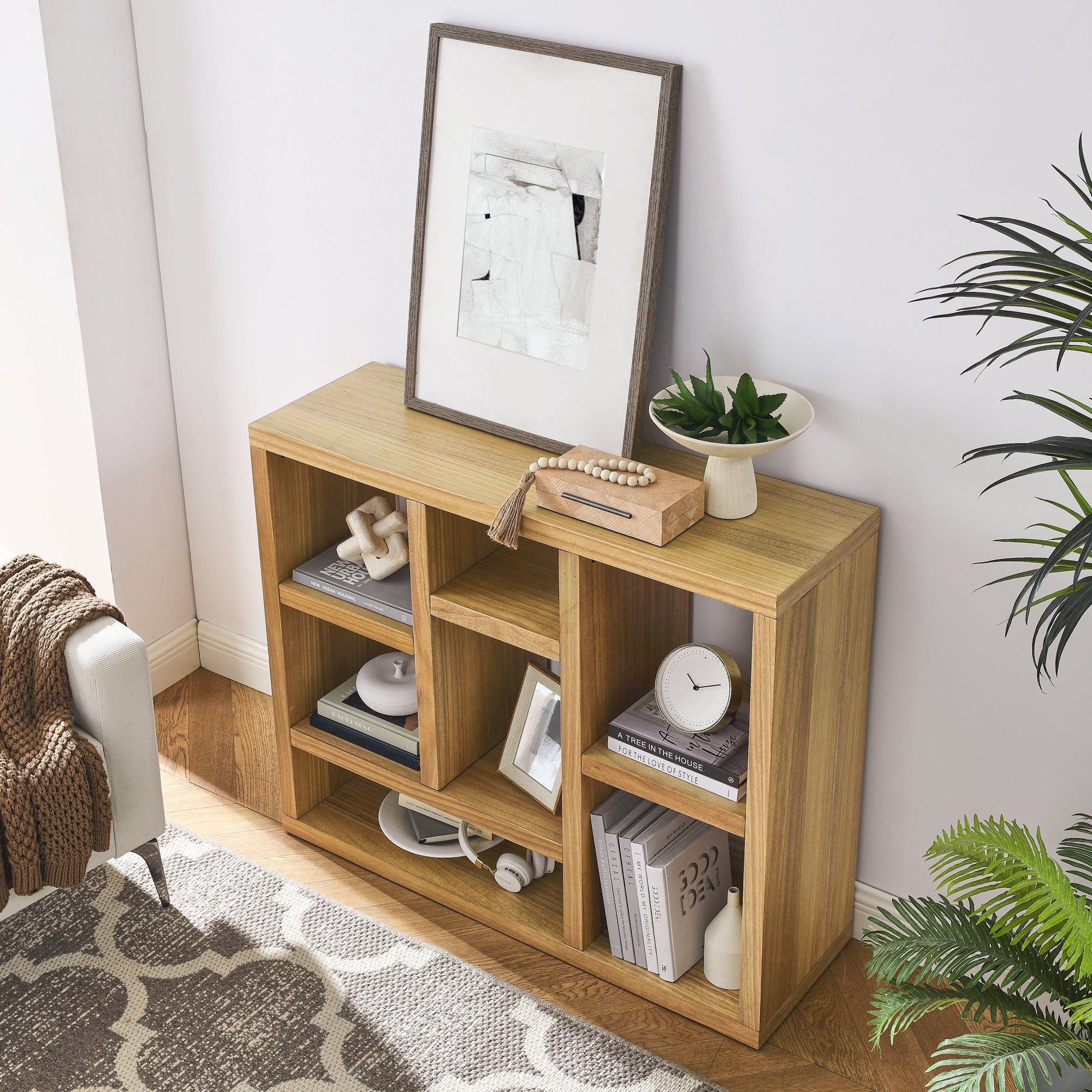 🆓🚛 Wooden Open Shelf Bookcase, Freestanding Display Storage Cabinet With 7 Cube Storage Spaces, Floor Standing Bookshelf, Natural