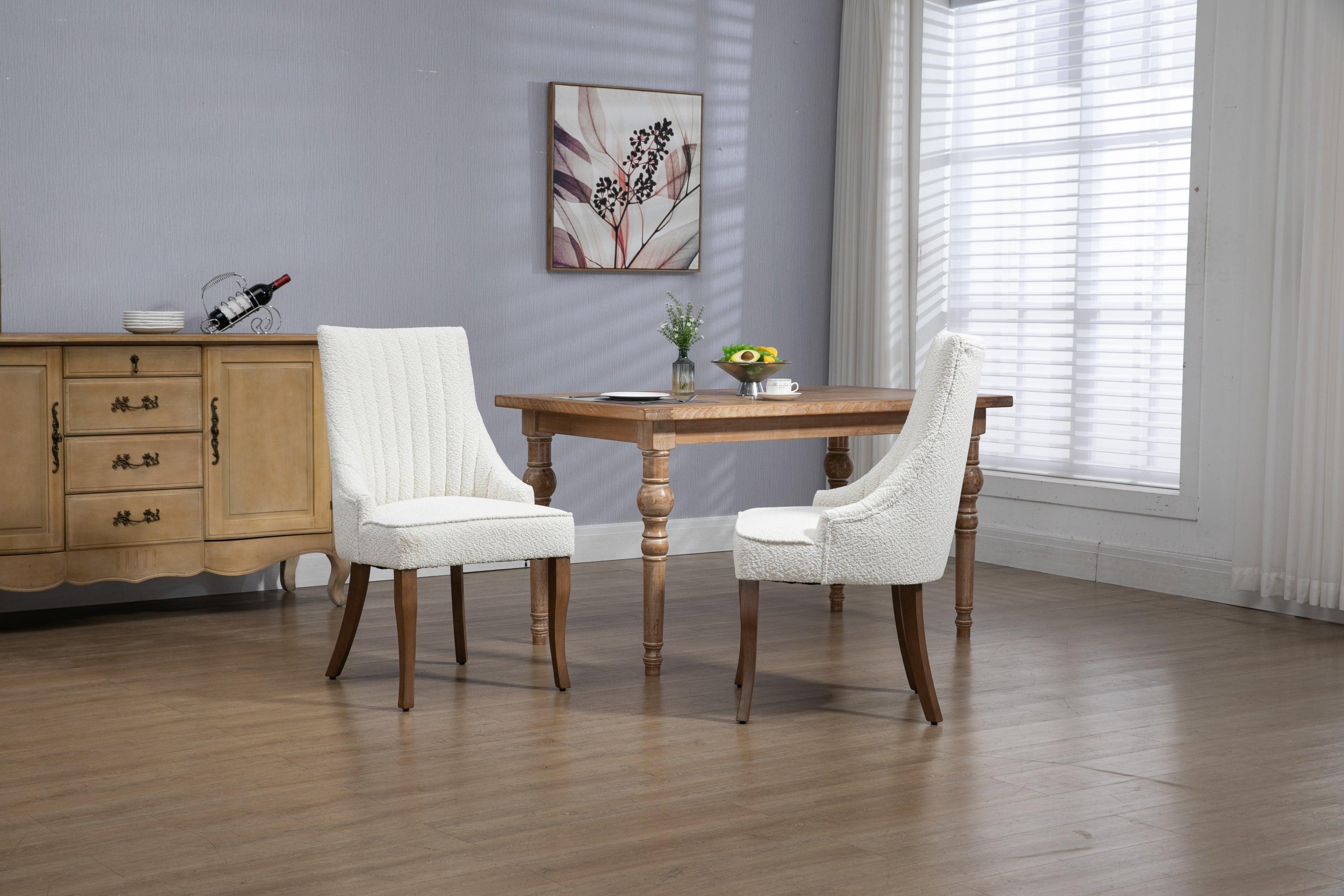 Exquisite White Boucle Upholstered Strip Back Dining Chair with Solid Wood Legs 2 Pcs