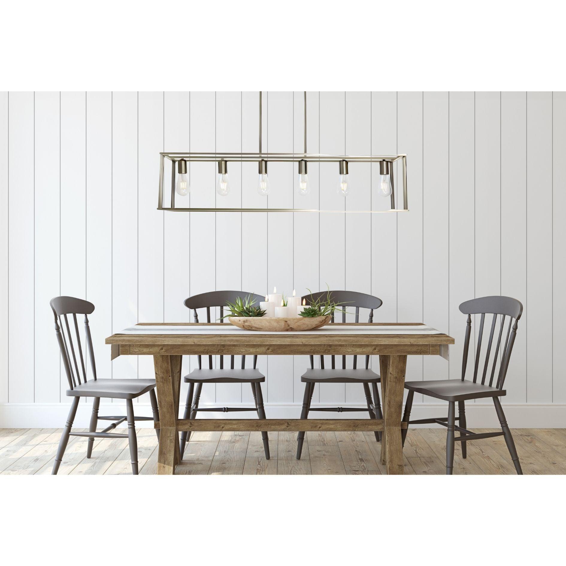 🆓🚛 6 Light Rectangle Chandelier Contemporary Farmhouse Linear Pendant Lighting Brushed Nickel Industrial Vintage Kitchen Island Metal Cage Ceiling Light Fixture