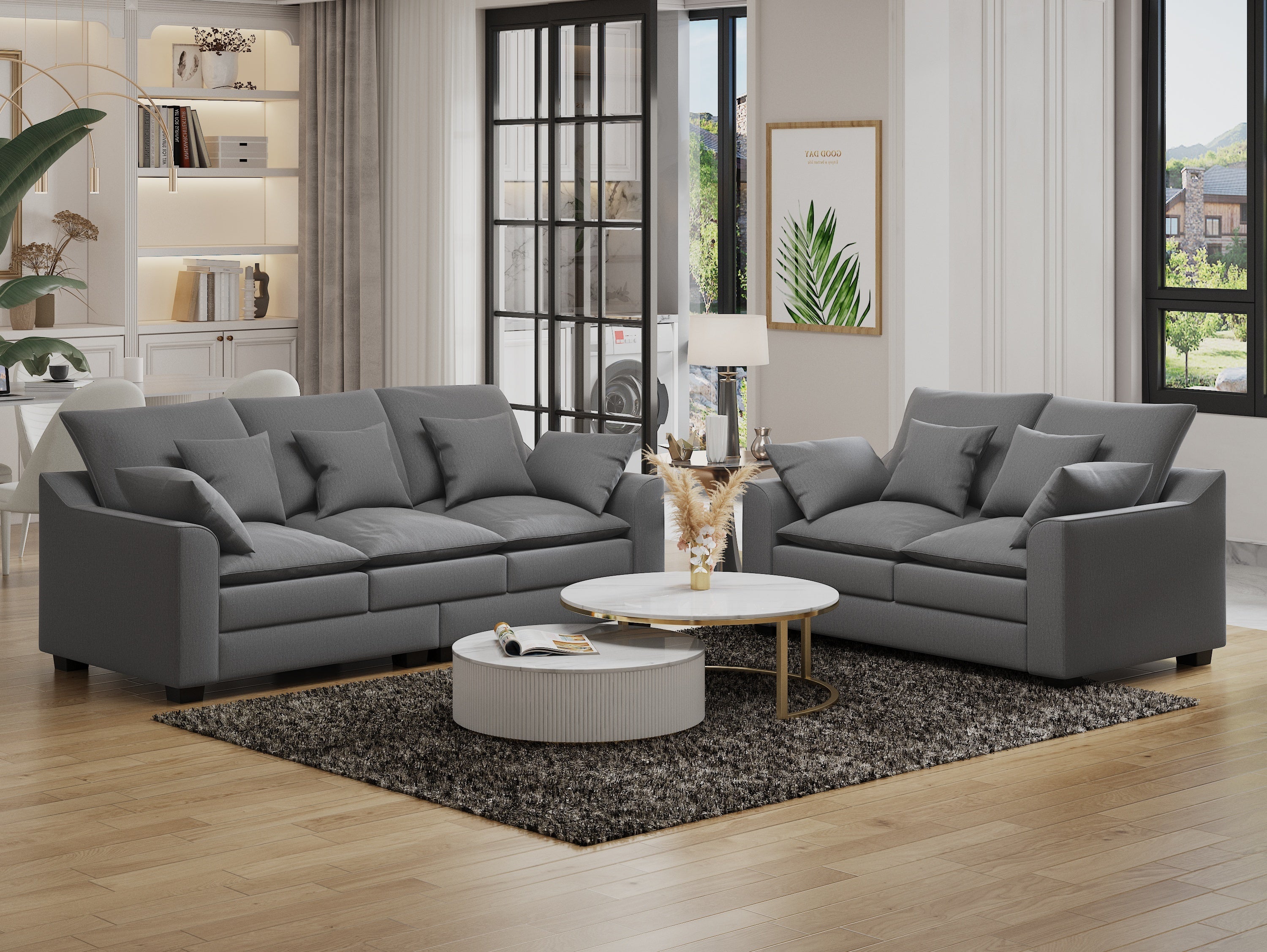 2 Pieces Sofa Couch 3-Seater and Loveseat With Pillows Polyester Upholstered Duck Down Filled Cushion Sofa Set for Living Room Apartment, Gray