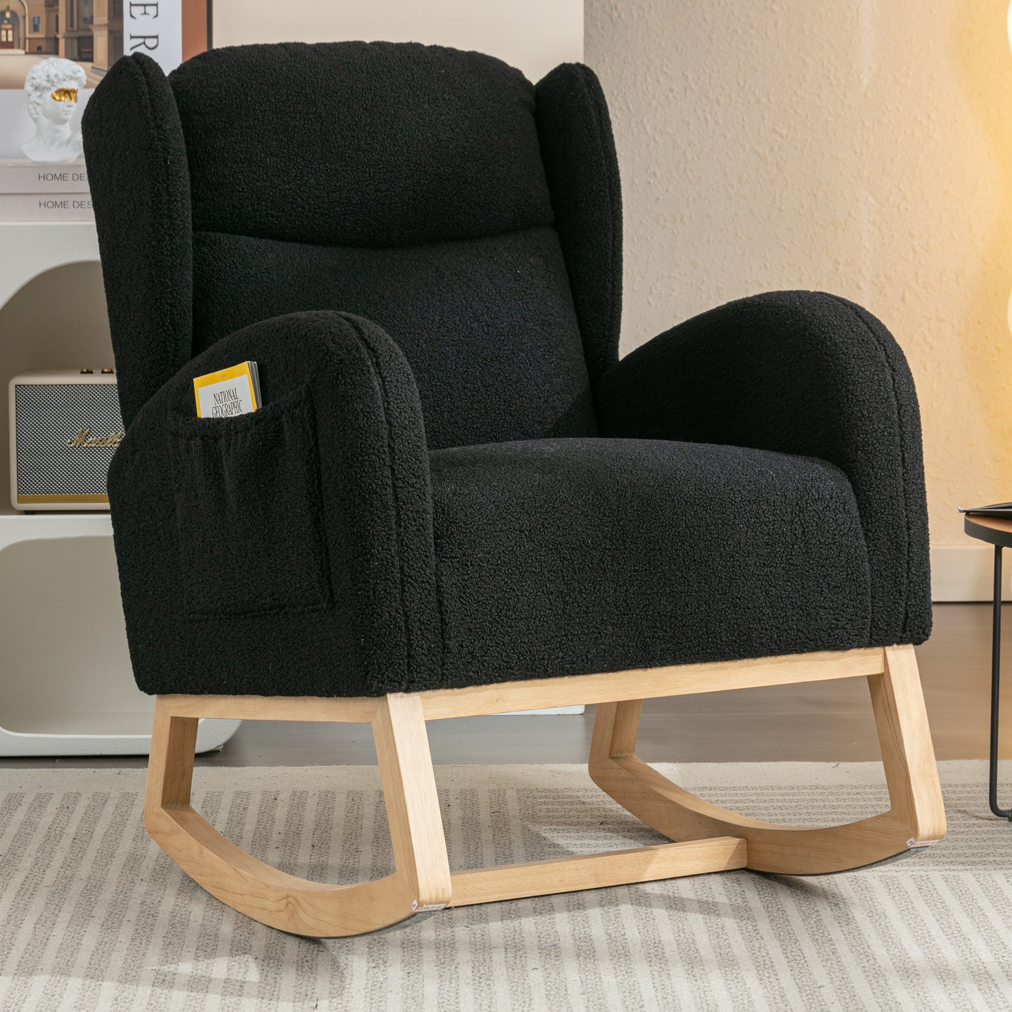 🆓🚛 Teddy Fabric Rocking Chair With Packet Wood Legs, Black