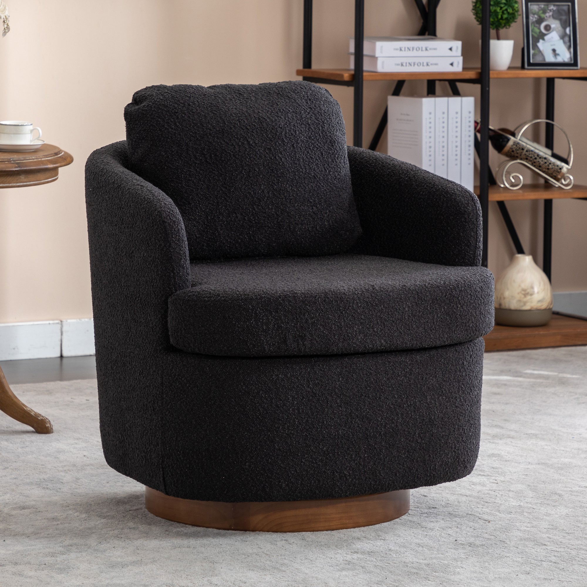🆓🚛Boucle Fabric Swivel Accent Chair With Solid Wood Round Brown Base Leg, Black