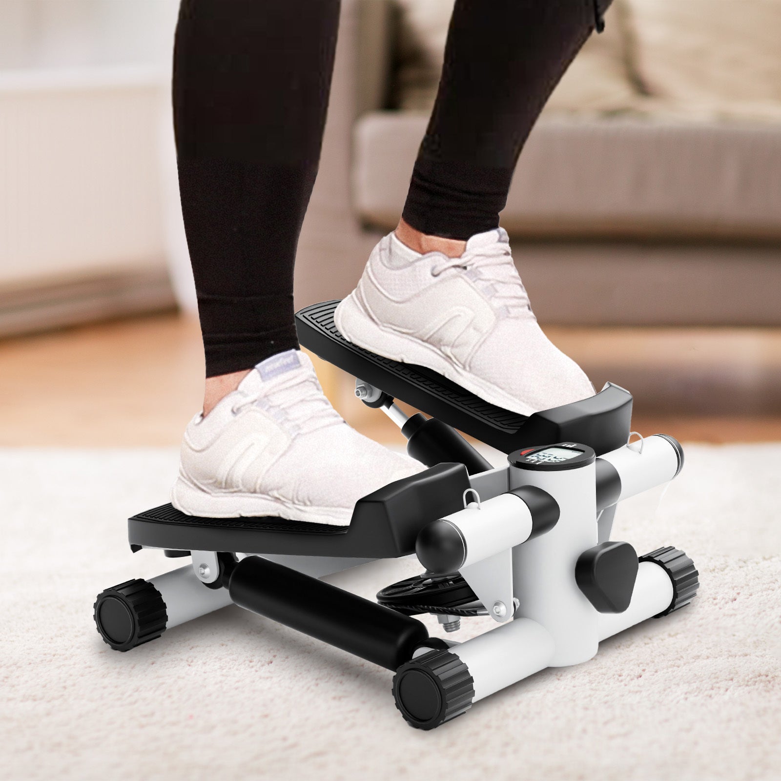 Mini Fitness Stepper, Hydraulic Fitness Stepper With Resistance Bands and Display, Silent Design, Weight Capacity 300Lbs, Portable Stepper for Total Body Workout, 11.3"L X 12.6"W X 7.8"H, White