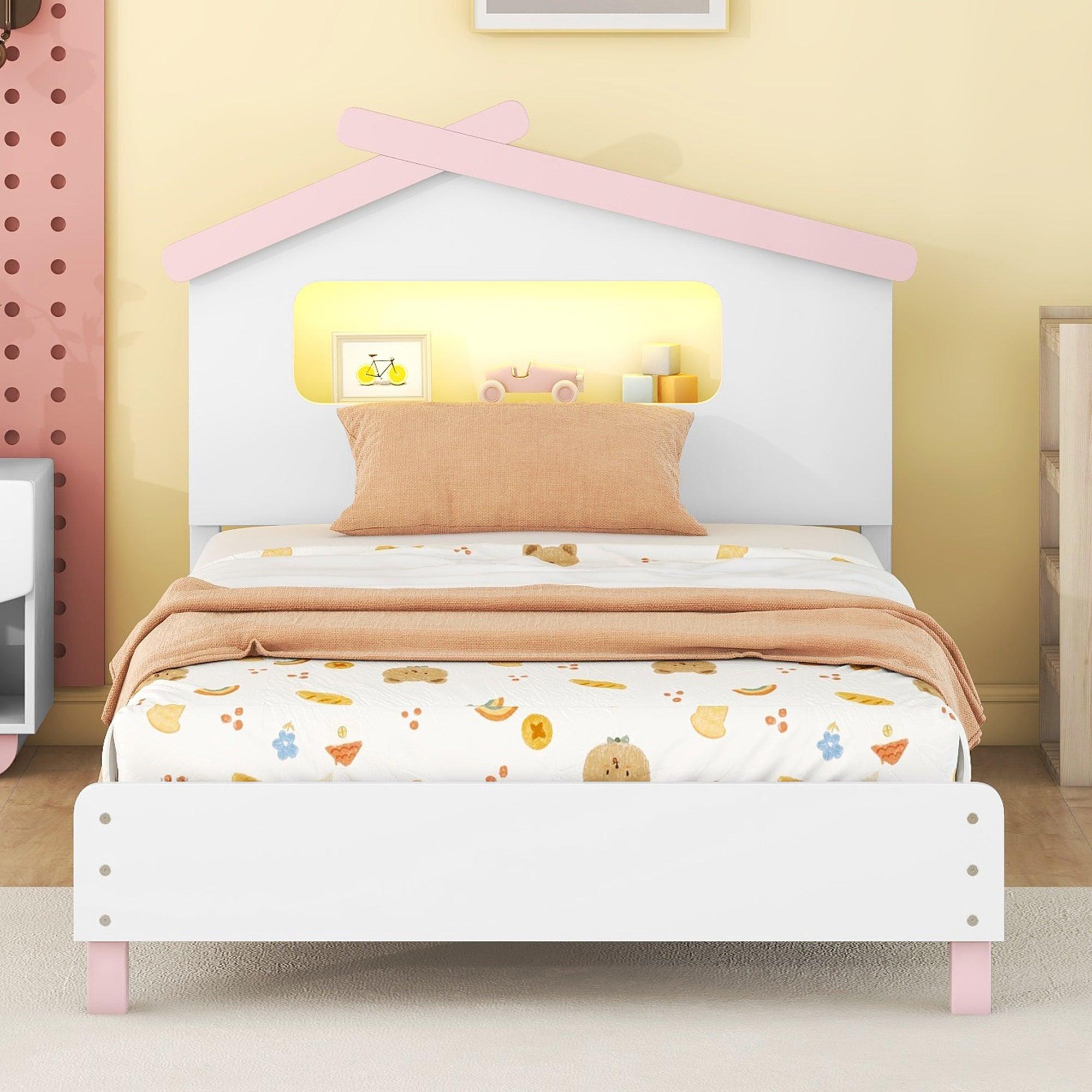 🆓🚛 Twin Size Wood Platform Bed With House-Shaped Headboard & Motion Activated Night Lights (White+Pink)