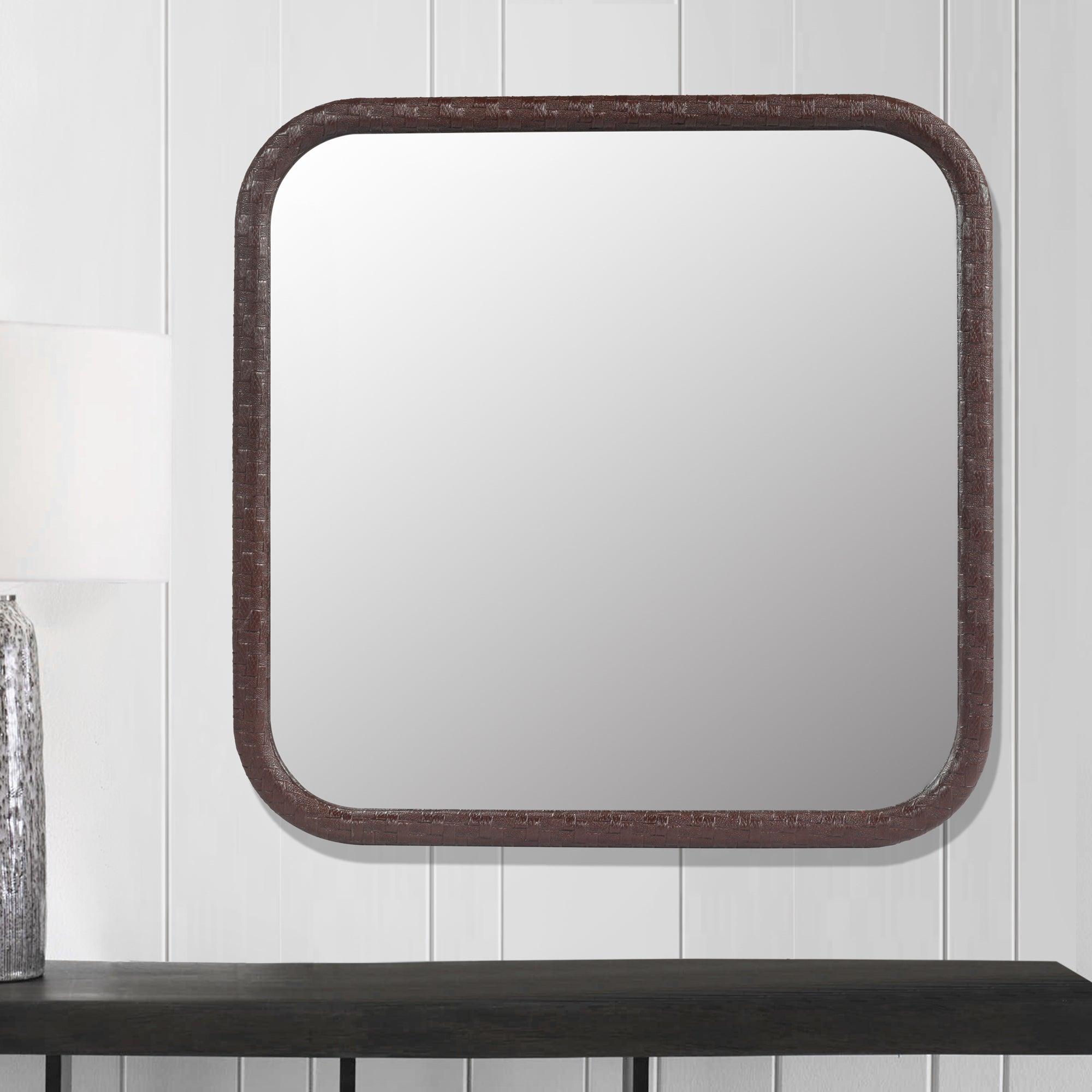 🆓🚛 Square Brown Woven Grain Decorative Wall Hanging Mirror, Pu Covered Mdf Framed Mirror for Bedroom Living Room Vanity Entryway Wall Decor, 23.62X23.62"