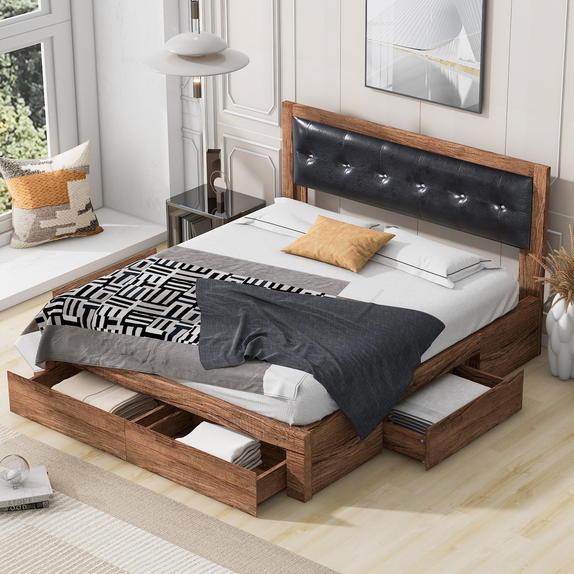 🆓🚛 Queen Size Wood Platform Bed with Upholstered Headboard and 4 Drawers