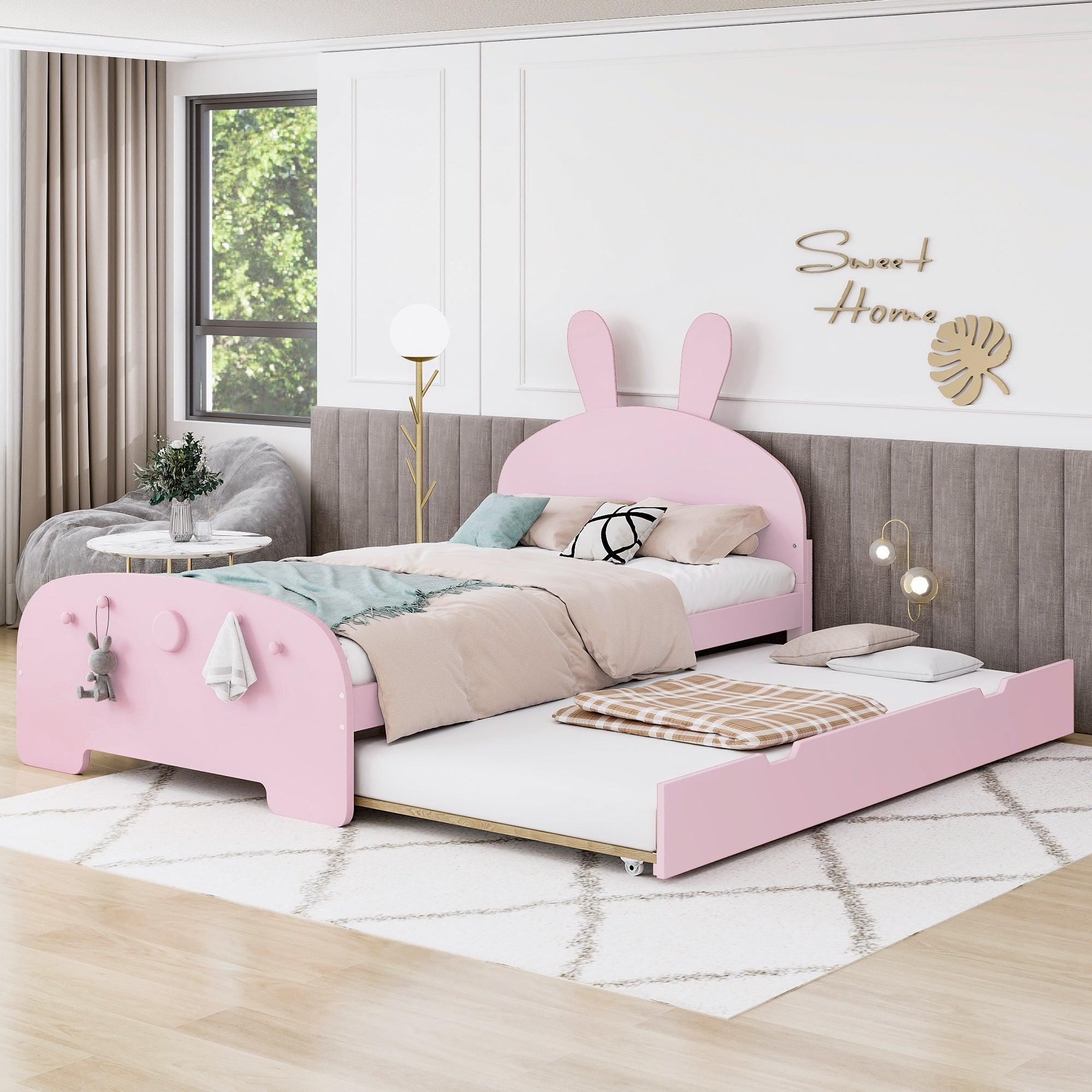 🆓🚛 Wood Twin Size Platform Bed With Cartoon Ears Shaped Headboard & Trundle, Pink