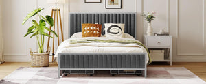 Full Size Metal Frame Upholstered Bed with 4 Drawers, Linen Fabric, Gray