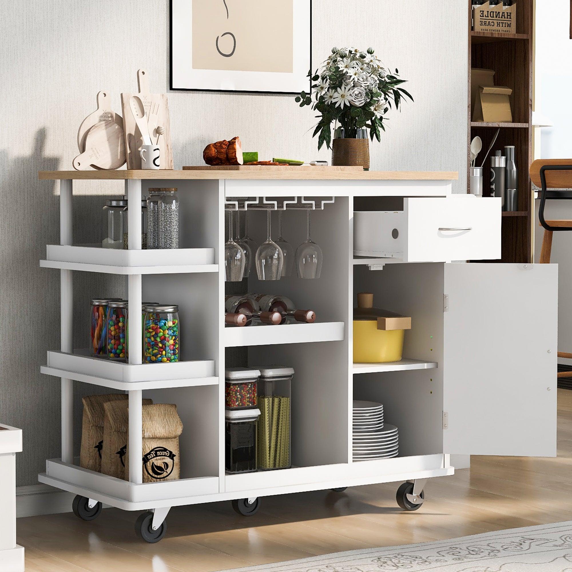 🆓🚛 Multipurpose Kitchen Cart Cabinet With Side Storage Shelves, Rubber Wood Top, Adjustable Storage Shelves, 5 Wheels, Kitchen Storage Island With Wine Rack for Dining Room, Home, Bar, White