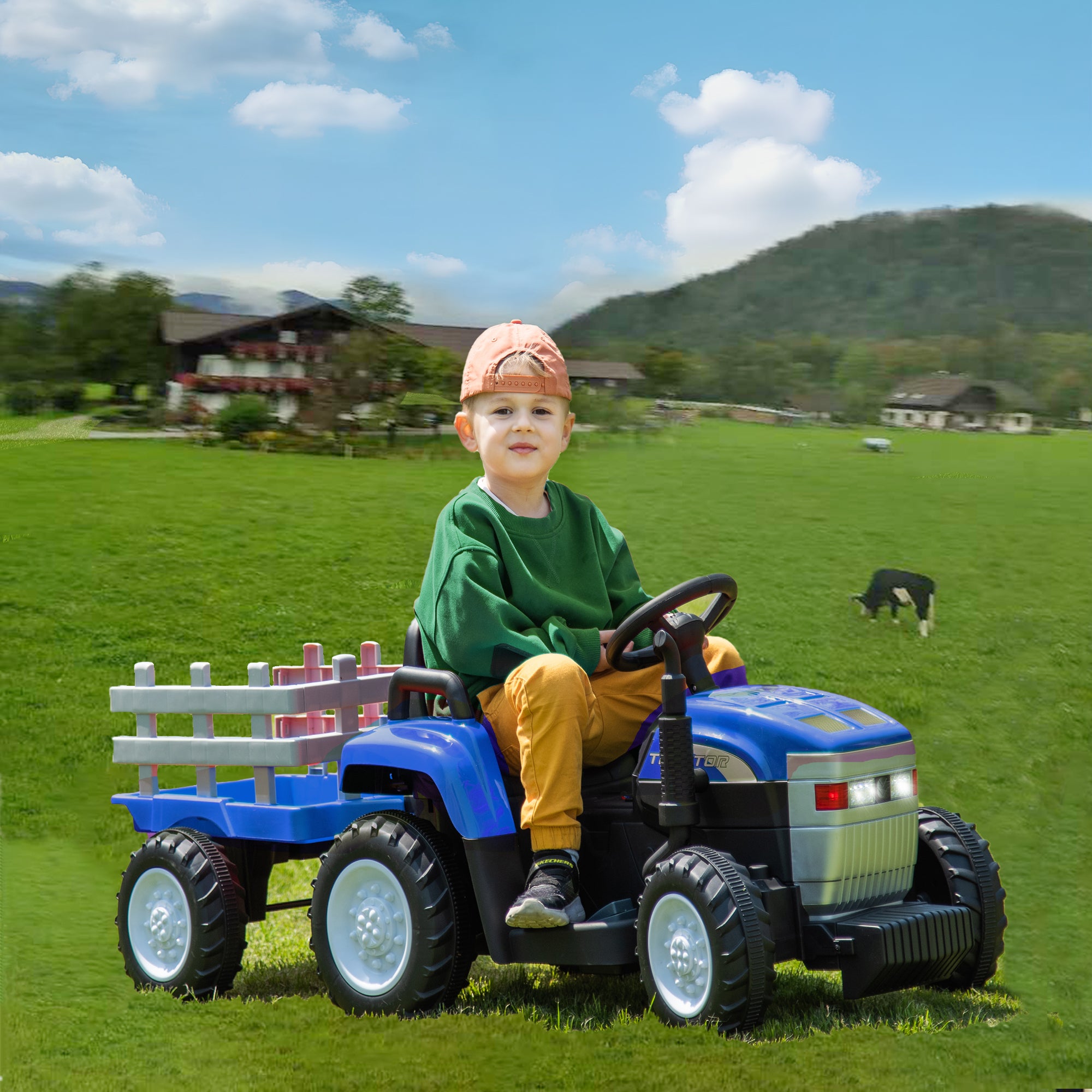 12V7AH Battery-Powered Toy Tractor with Trailer, Remote Control, Kids' Electric Excavator Vehicles with 2x35W Dual Motor, Treaded Tires, LED Lights, USB, Music, Gifts for Boy & Girl, Blue