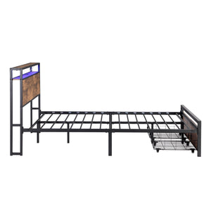 Full Size Bed Frame with Storage Headboard and 2 Drawers, LED Lights Bed with Charging Station, Metal Platform Bed No Noise