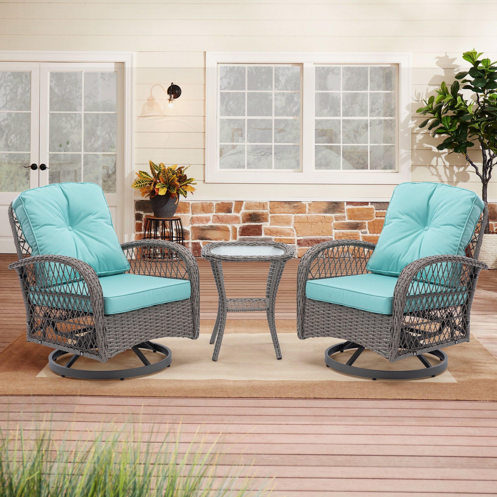 🆓🚛 3 Pieces Outdoor Swivel Rocker Patio Chairs, 360 Degree Rocking Patio Conversation Set with Thickened Cushions & Glass Coffee Table, Blue