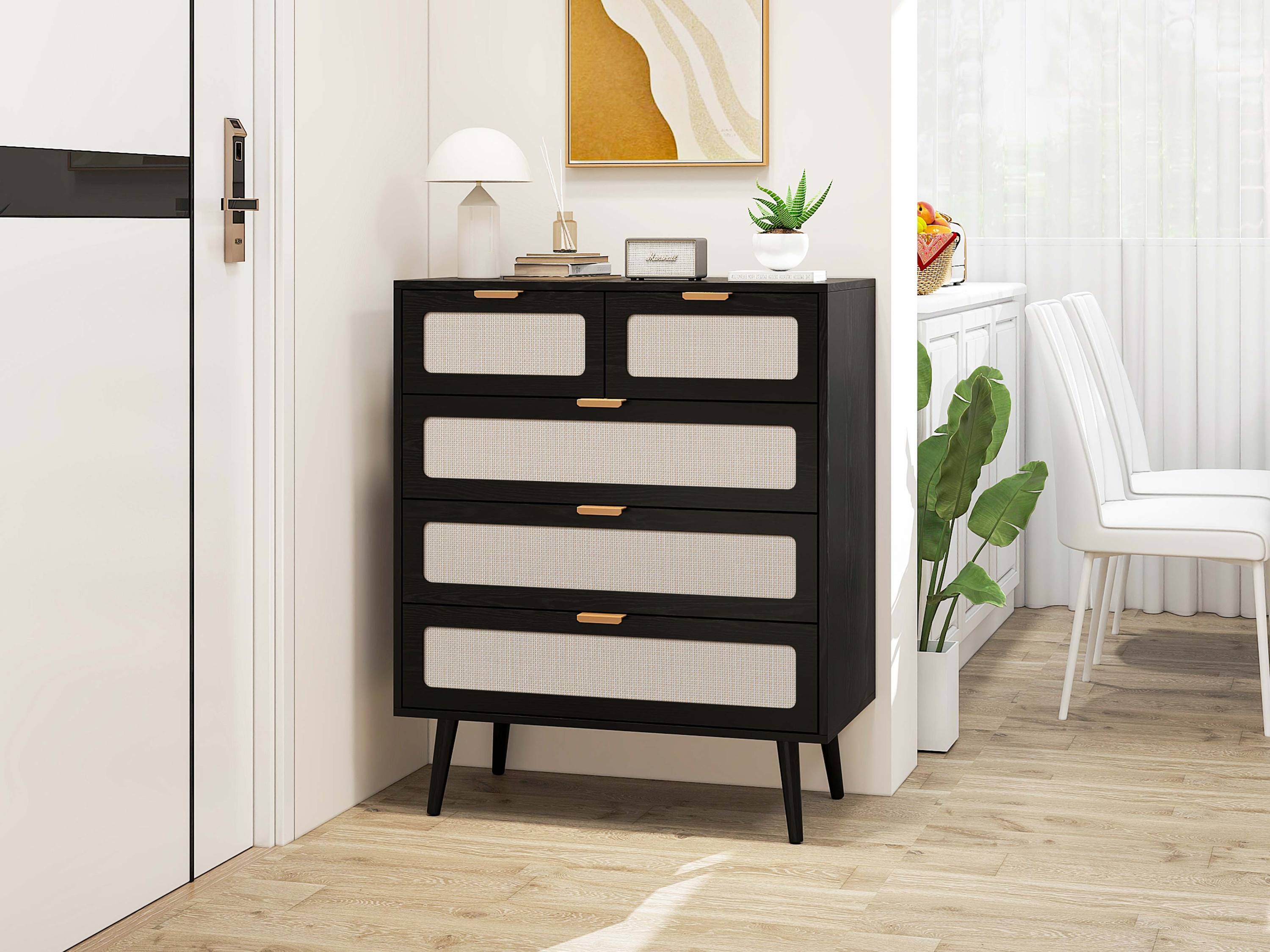 🆓🚛 5 Drawer Cabinet, Accent Storage Cabinet, Suitable for Living Room, Bedroom, Dining Room, Study, Black