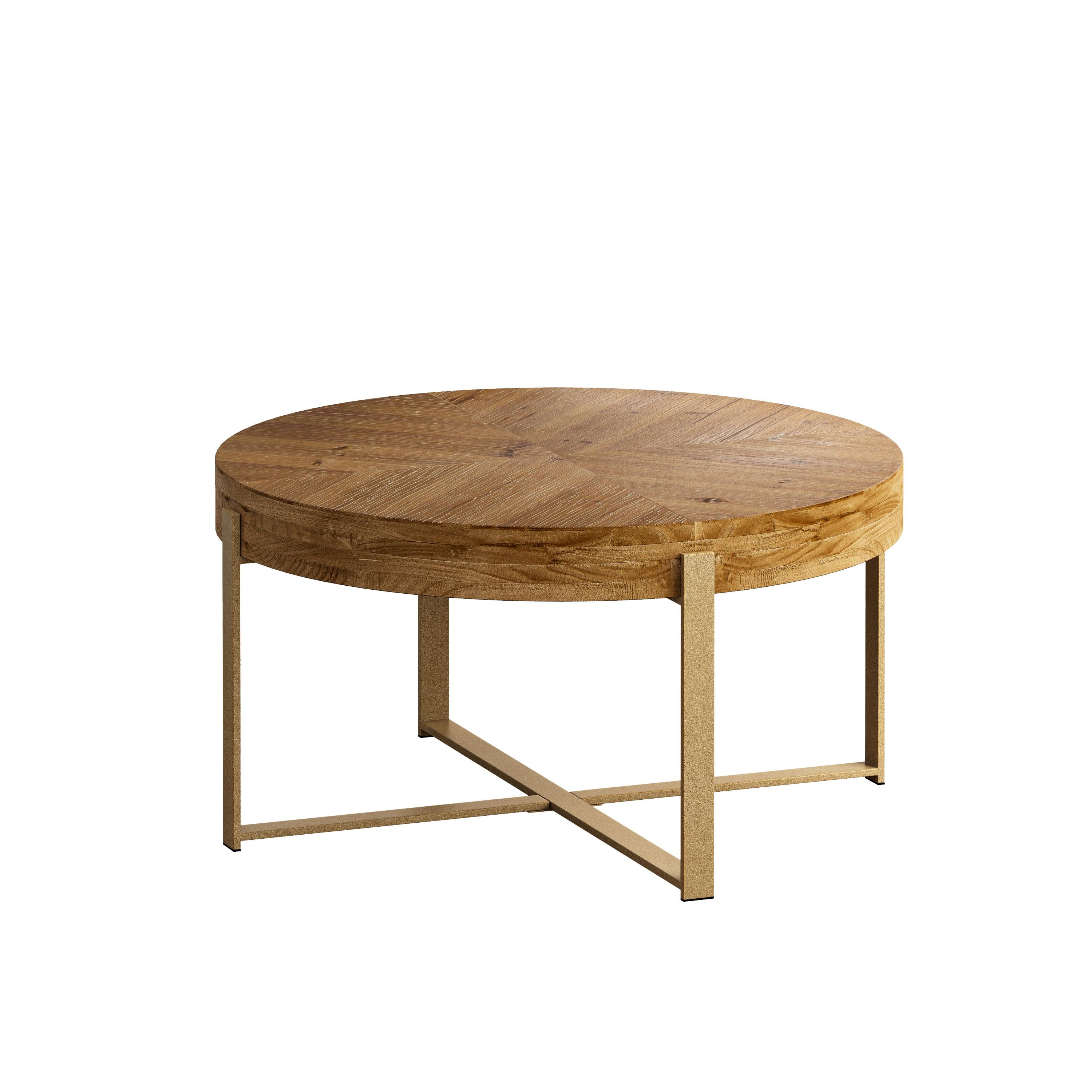 33.86" Modern Retro Splicing Round Coffee Table, Fir Wood Table Top with Gold Cross Legs Base