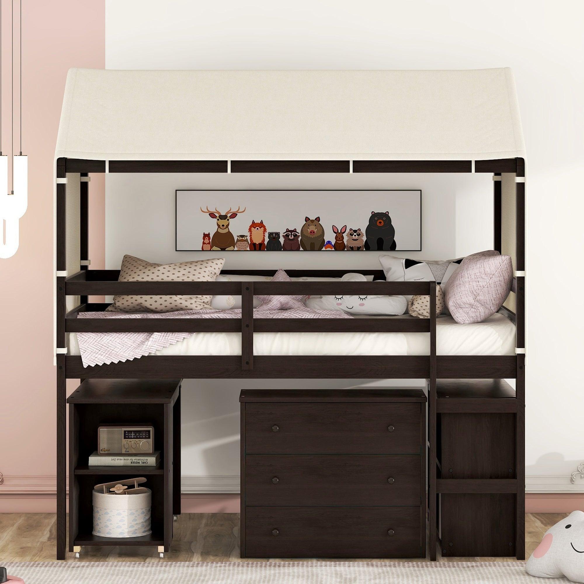 🆓🚛 Twin Size Loft Bed With Rolling Cabinet, Shelf & Tent - Espresso