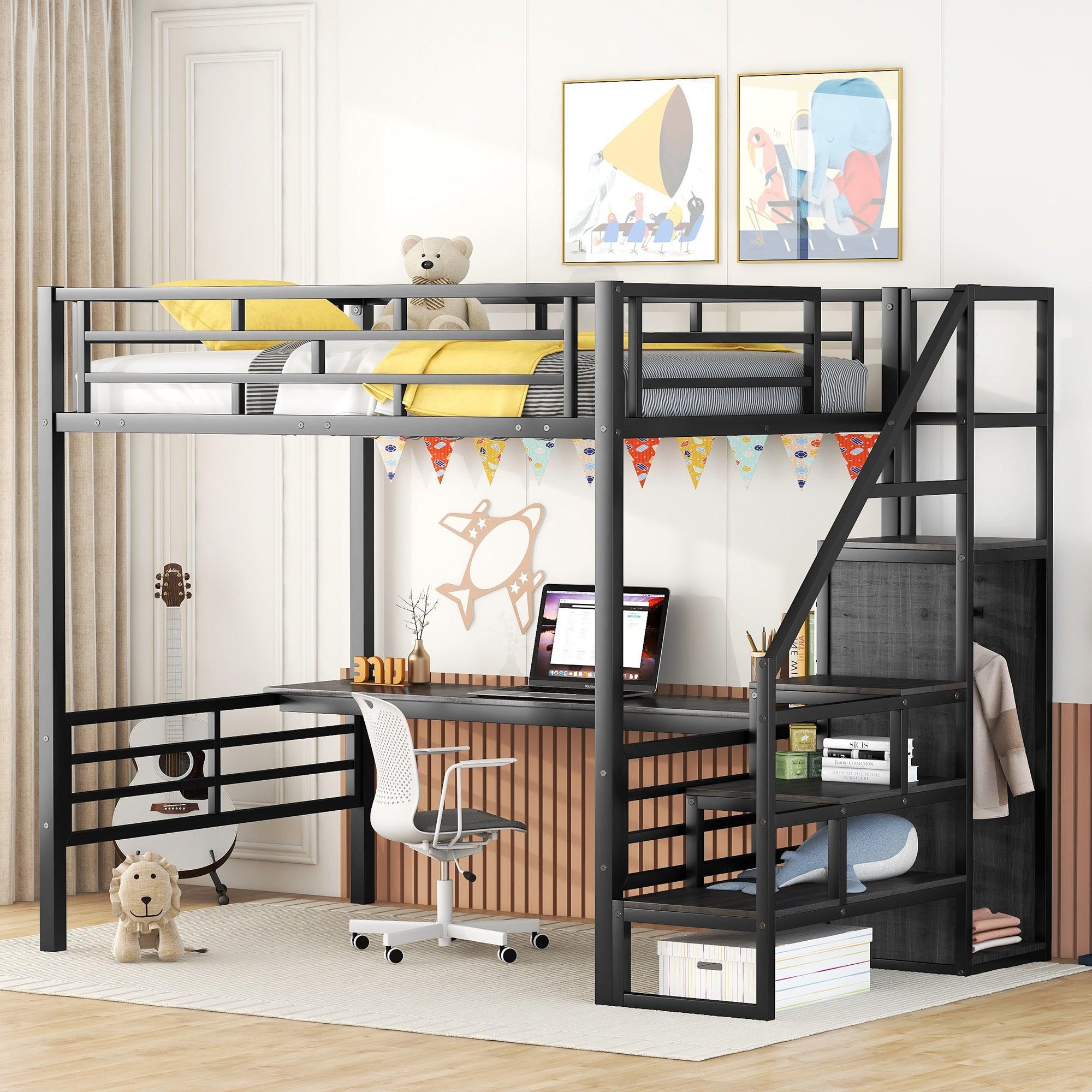 🆓🚛 Full Size Metal Loft Bed With Desk, Storage Staircase & Small Wardrobe, Storage Stairs Can Be Installed Left & Right, Black