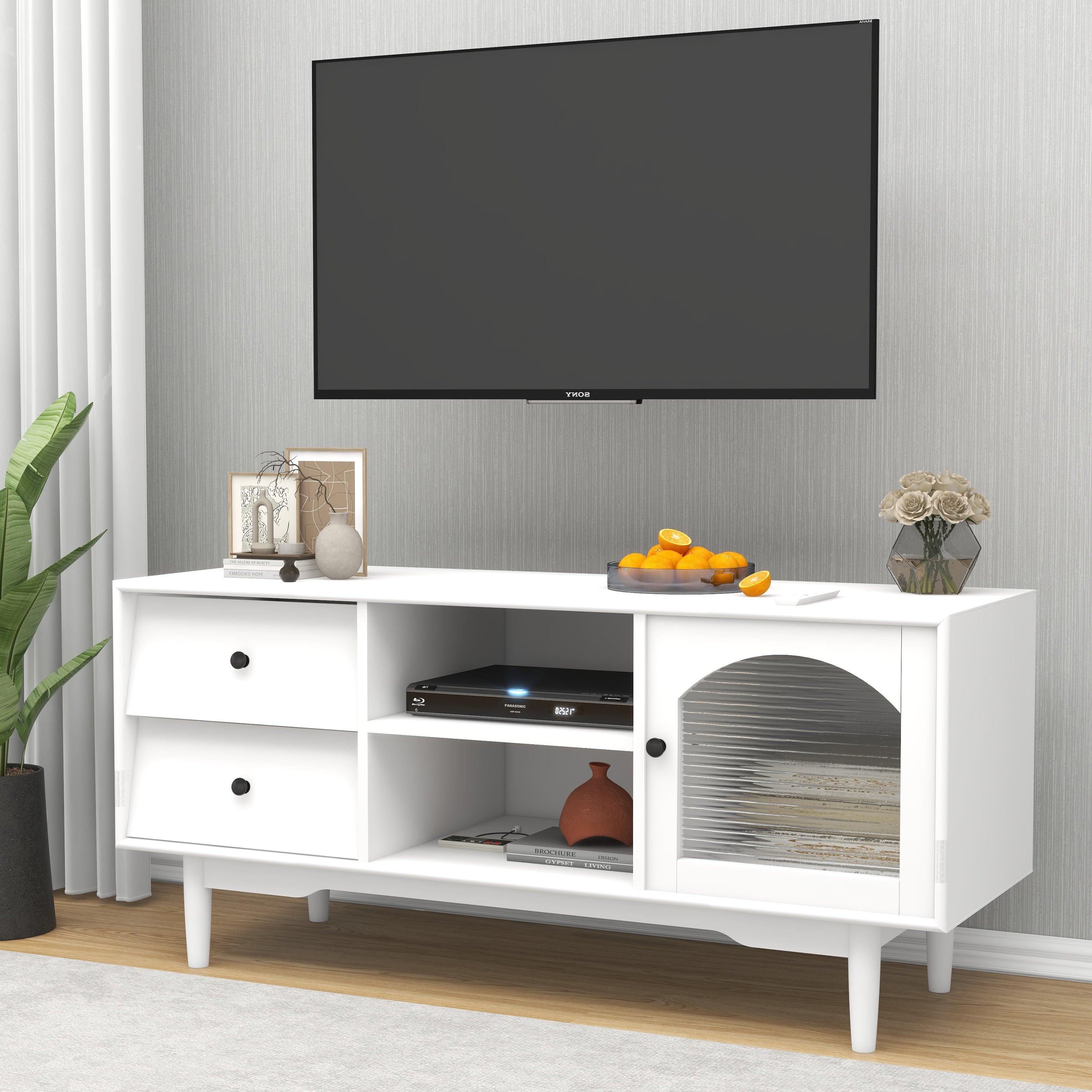 🆓🚛 Living Room White Tv Stand With Drawers & Open Shelves, a Cabinet With Glass Doors for Storage