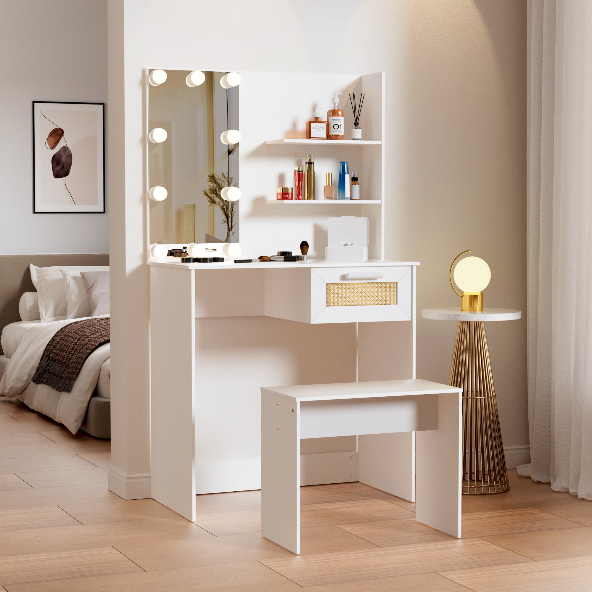 🆓🚛 Vanity Desk Set Stool & Dressing Table With Led Lighting Mirror Drawer and Compartments Modern Wood Cosmetic Table Chest of Drawers White Color