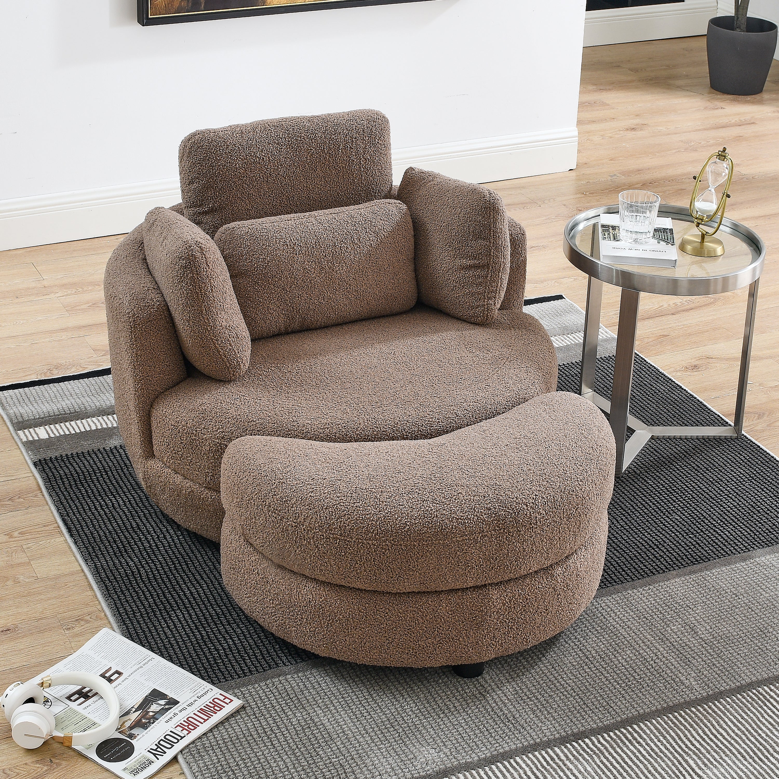 39"W Oversized Swivel Chair With Moon Storage Ottoman for Living Room, Modern Accent Round Loveseat Circle Swivel Barrel Chairs for Bedroom Cuddle Sofa Chair Lounger Armchair, 4 Pillows, Teddy Fabric