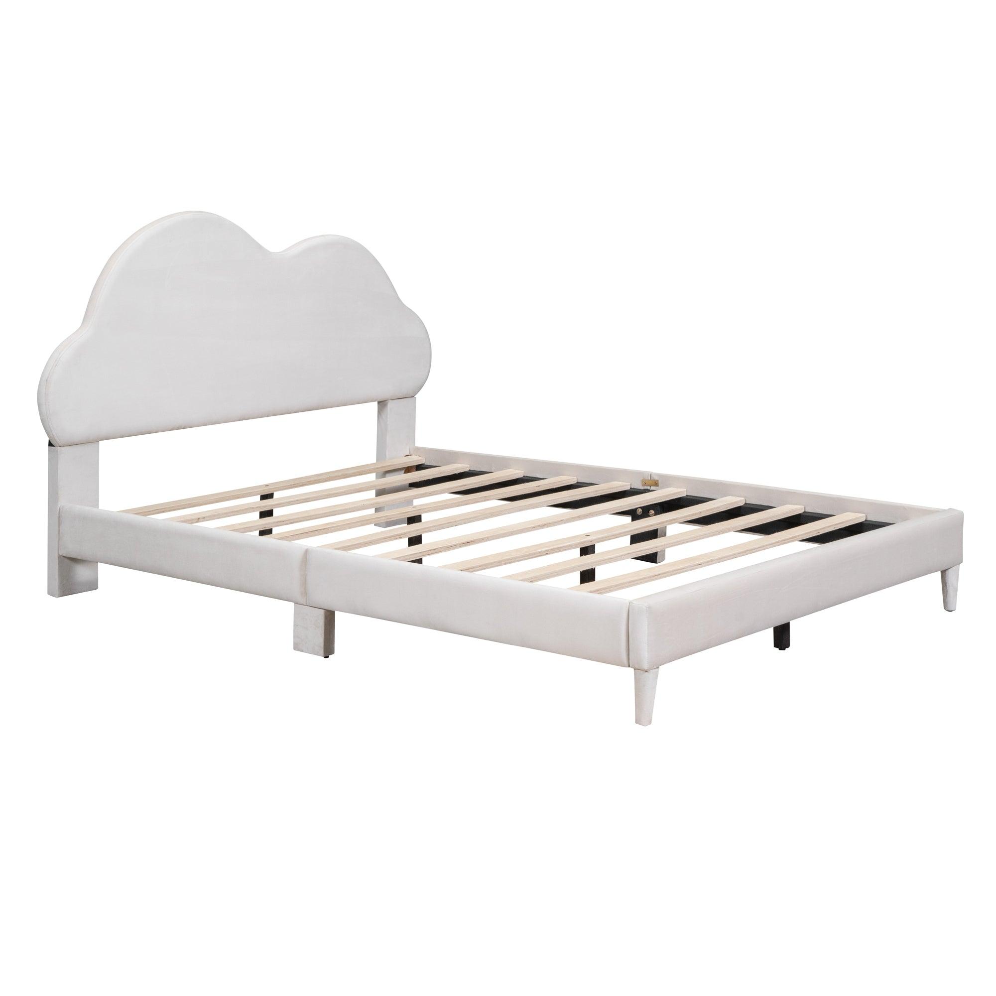 Full size Upholstered Cloud-Shape Bed , Velvet Platform Bed with Headboard, No Box-spring Needed, Beige