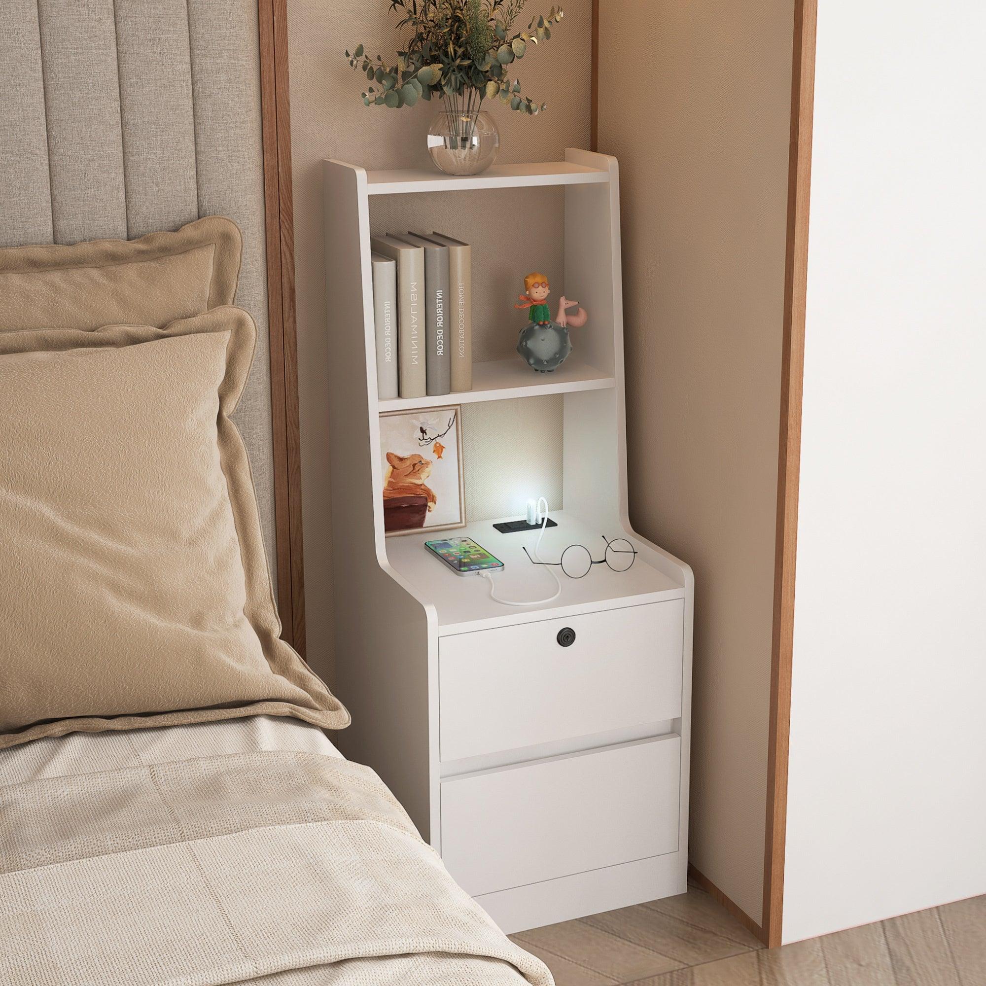 2 Drawer Nightstand With 2-Tier Open Shelving, Voice-Controlled Night Light, AC Power & USB Charging Outlets LamCham