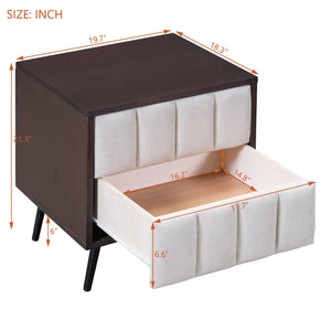 2-Drawer Nightstand for Bedroom, Mordern Wood+Linen Bedside Table with Classic Design, Walnut+Beige LamCham