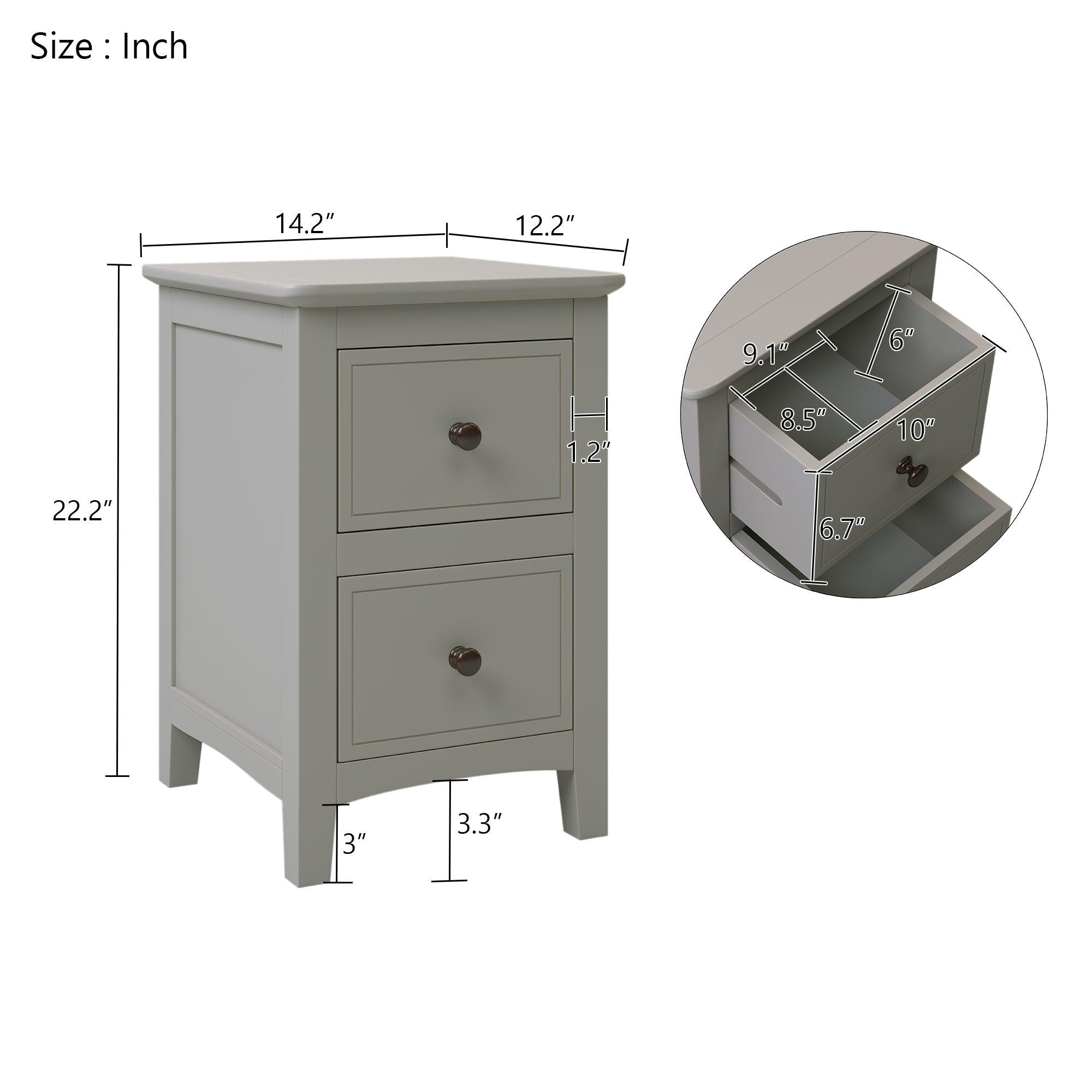 2 Drawers Solid Wood Nightstand End Table, Gray LamCham