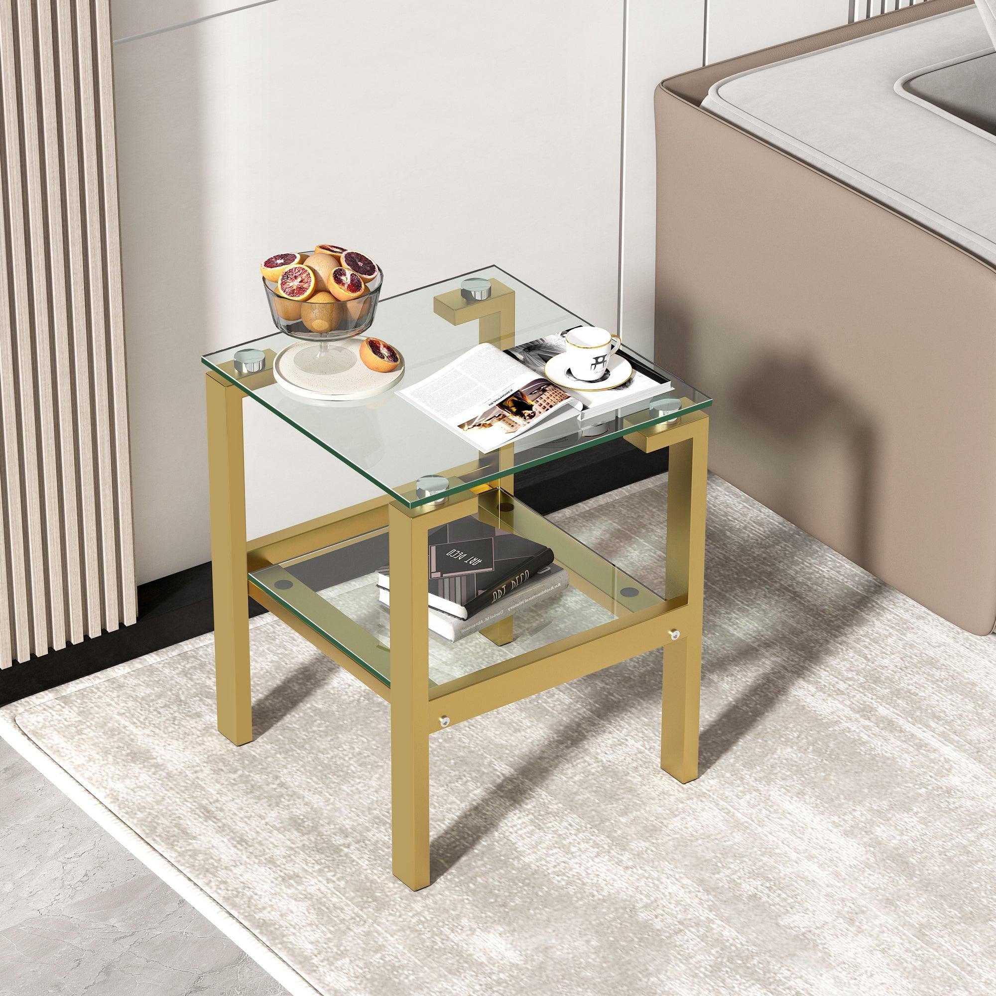 2-Piece Gold+Clear Glass Side & End Table With Storage Shelve LamCham