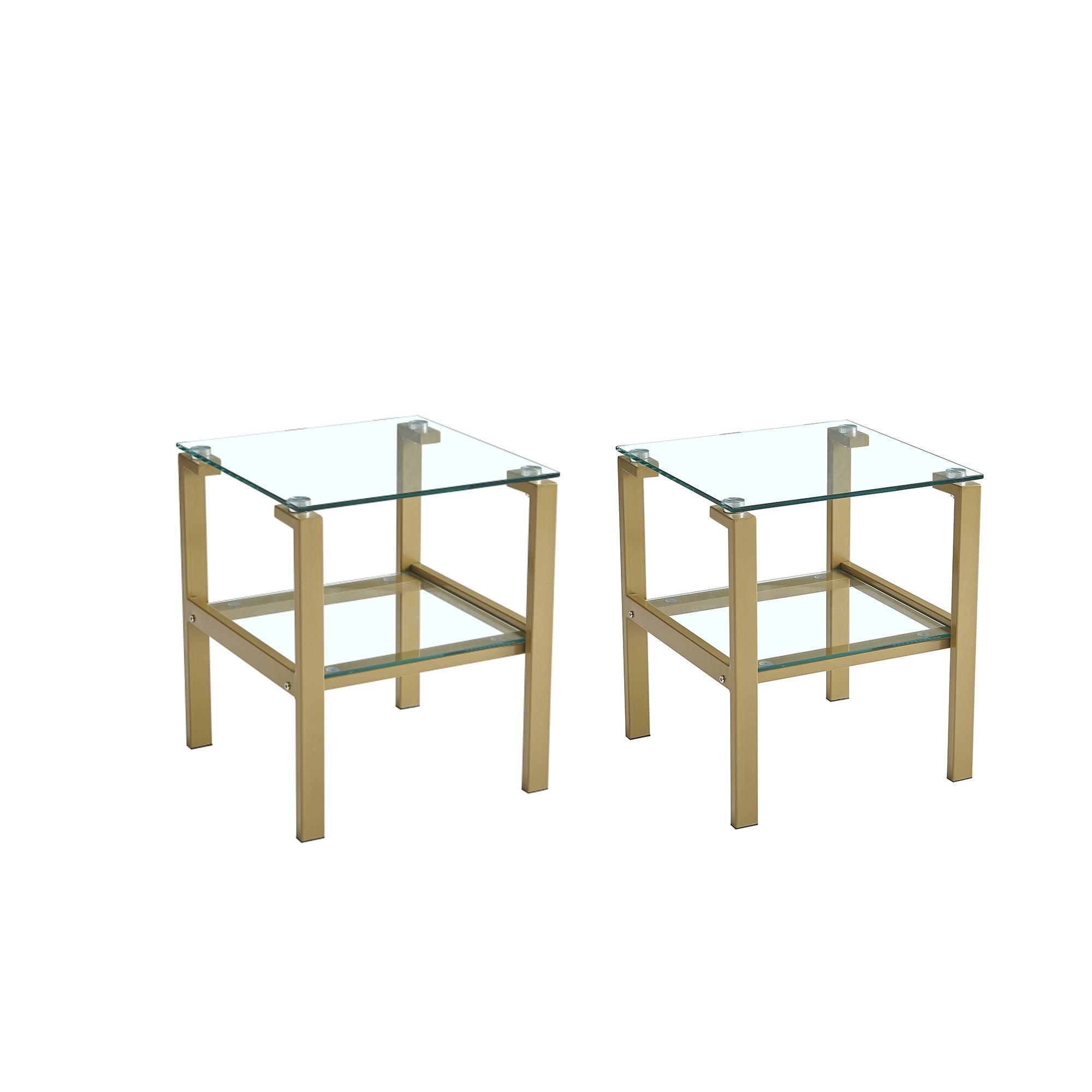 2-Piece Gold+Clear Glass Side & End Table With Storage Shelve LamCham