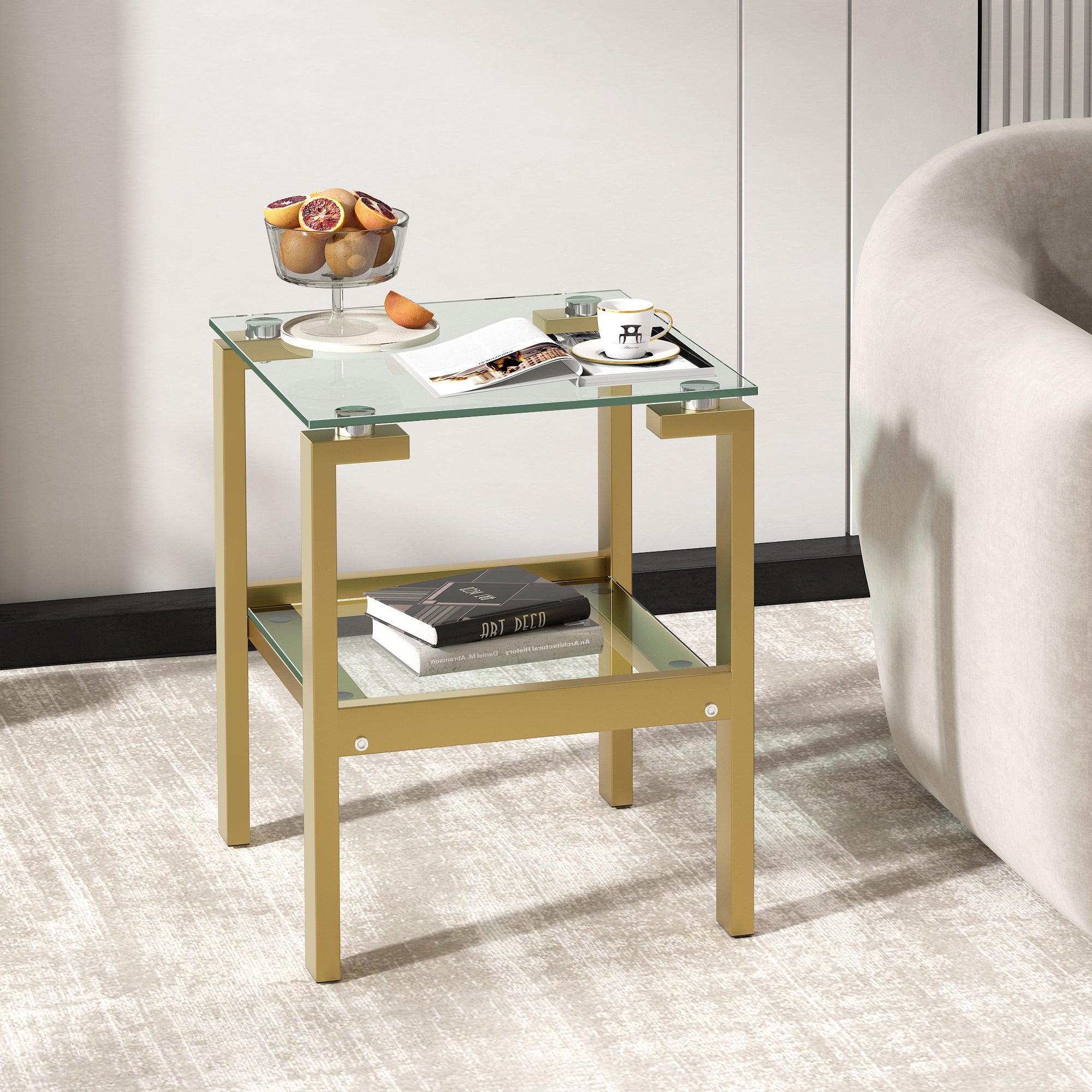 2-Piece Gold+Clear Glass Side & End Table With Storage Shelve LamCham