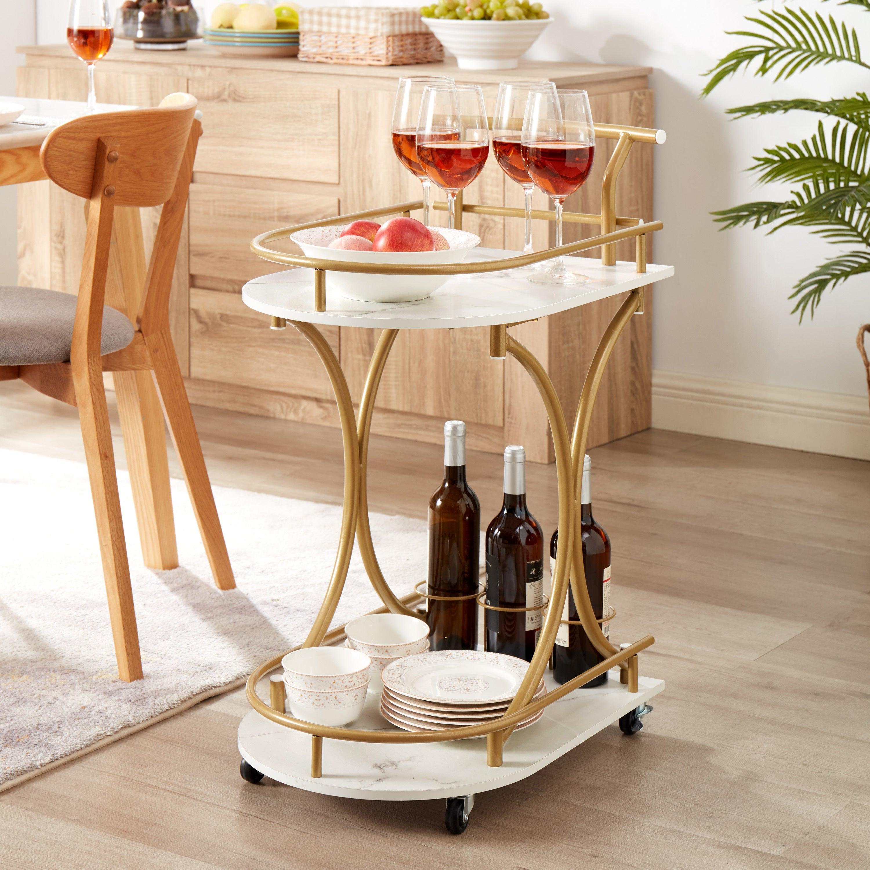 2-Tier Bar Cart, Mobile Bar Serving Cart, Industrial Style Wine Cart for Kitchen, Beverage Cart with Wine Rack and Glass Holder, Rolling Drink Trolley for Living Room LamCham