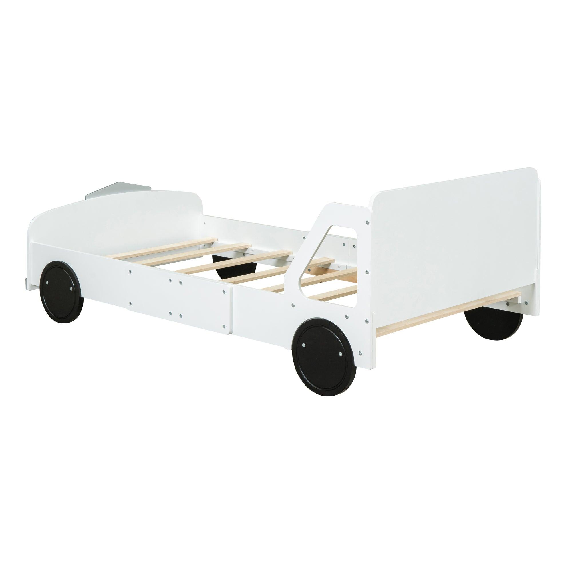 Full Size Car-Shaped Platform Bed with Wheels, White