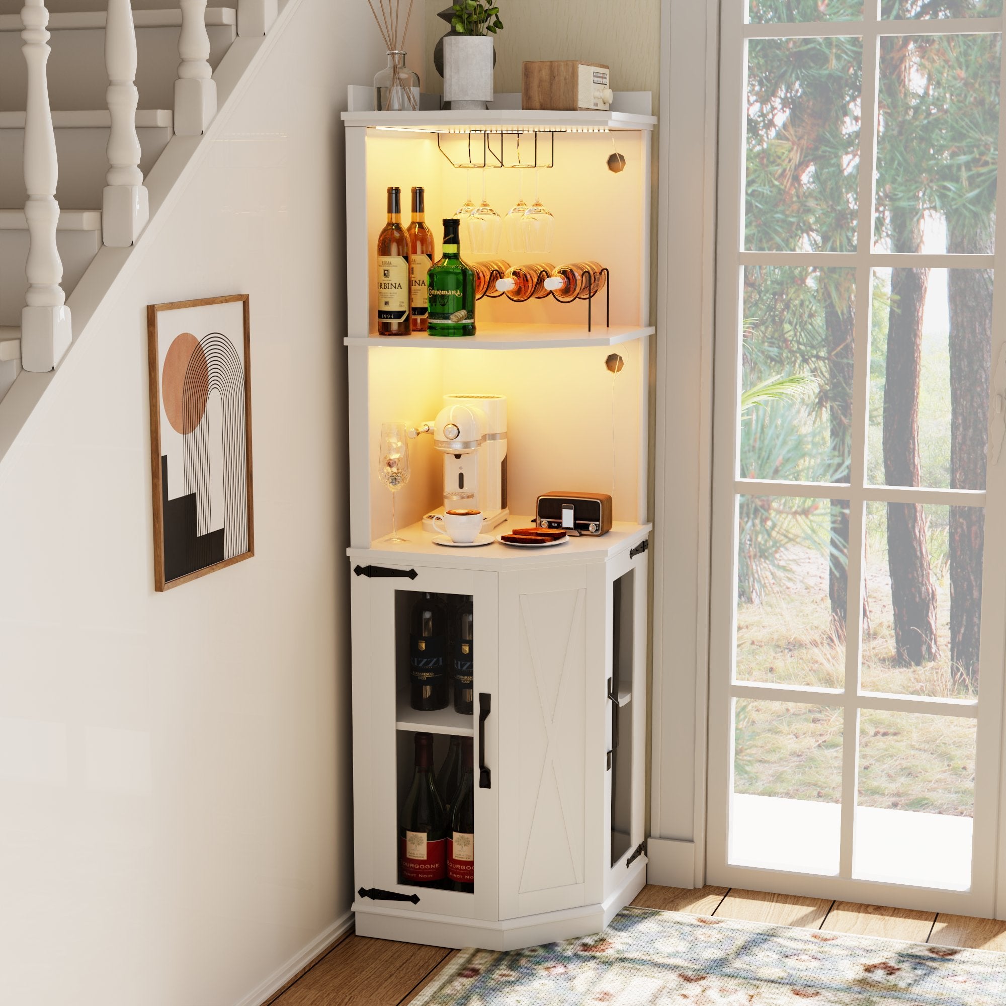 67.7" Corner Bar Cabinet with Power Outlet, Farmhouse Wine Bar Cabinet with Adjustable Shelves for Home, with Lights & Glass Rack for Dining Room, Living Room, Kitchen