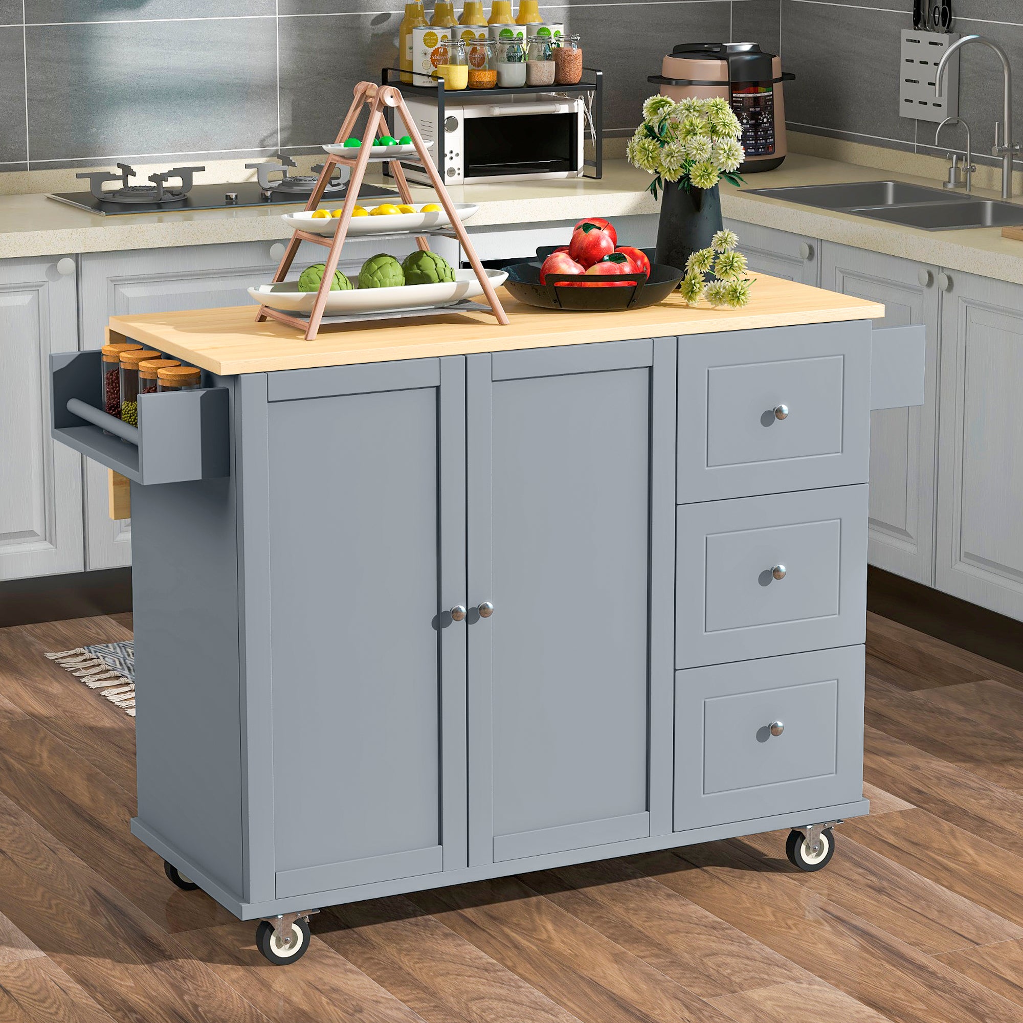 Rolling Mobile Kitchen Island With Solid Wood Top and Locking Wheels, 52.7 Inch Width, Storage Cabinet and Drop Leaf Breakfast Bar, Spice Rack, Towel Rack & Drawer (Gray Blue)