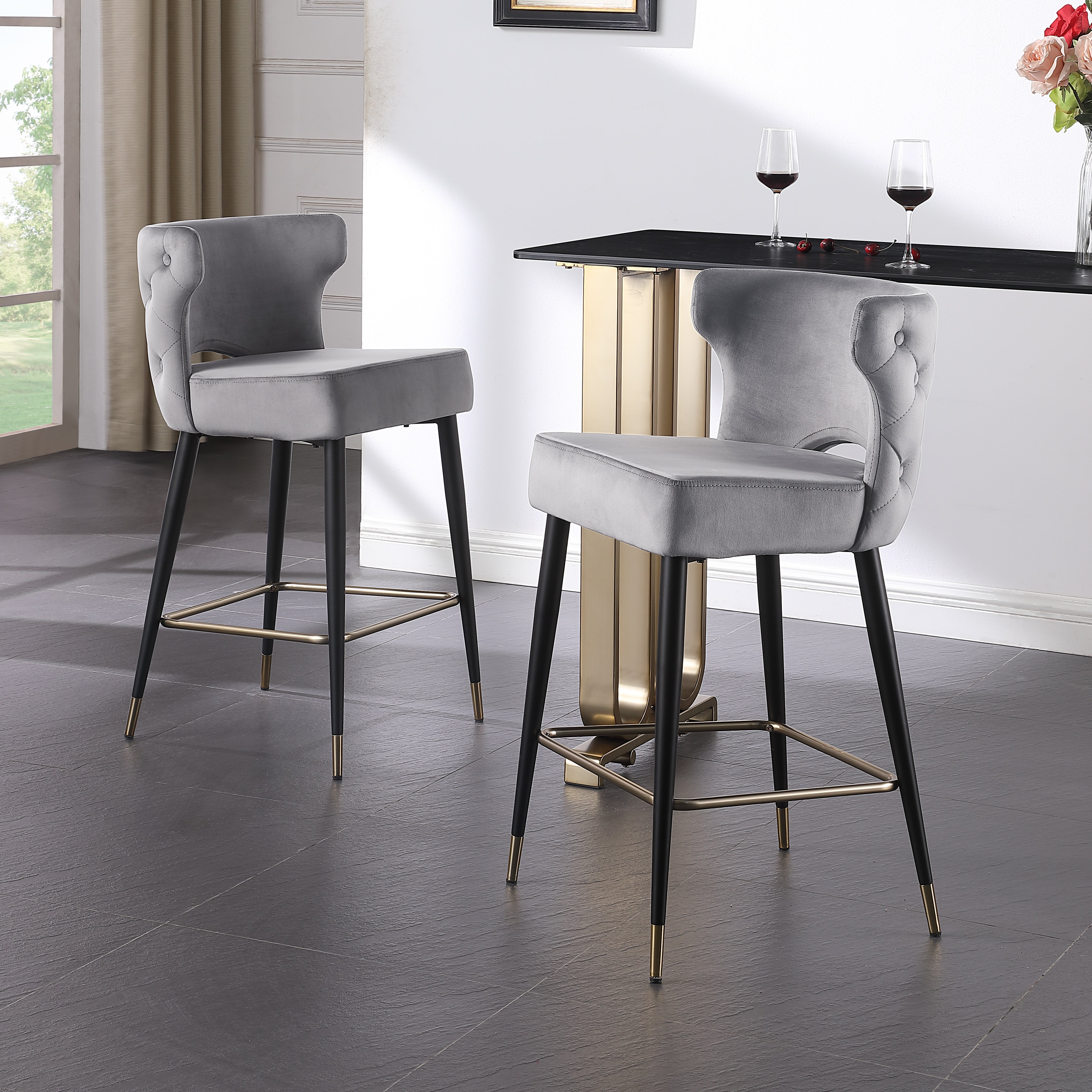 Contemporary Velvet Upholstered Counter Height Stool with Gold Tipped, Black Metal Legs, Gray