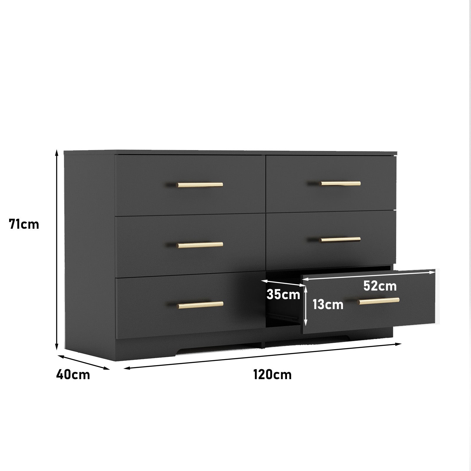 Large 6 Drawers Chest of Drawer Dressers Table With Golden Handle, Black Color