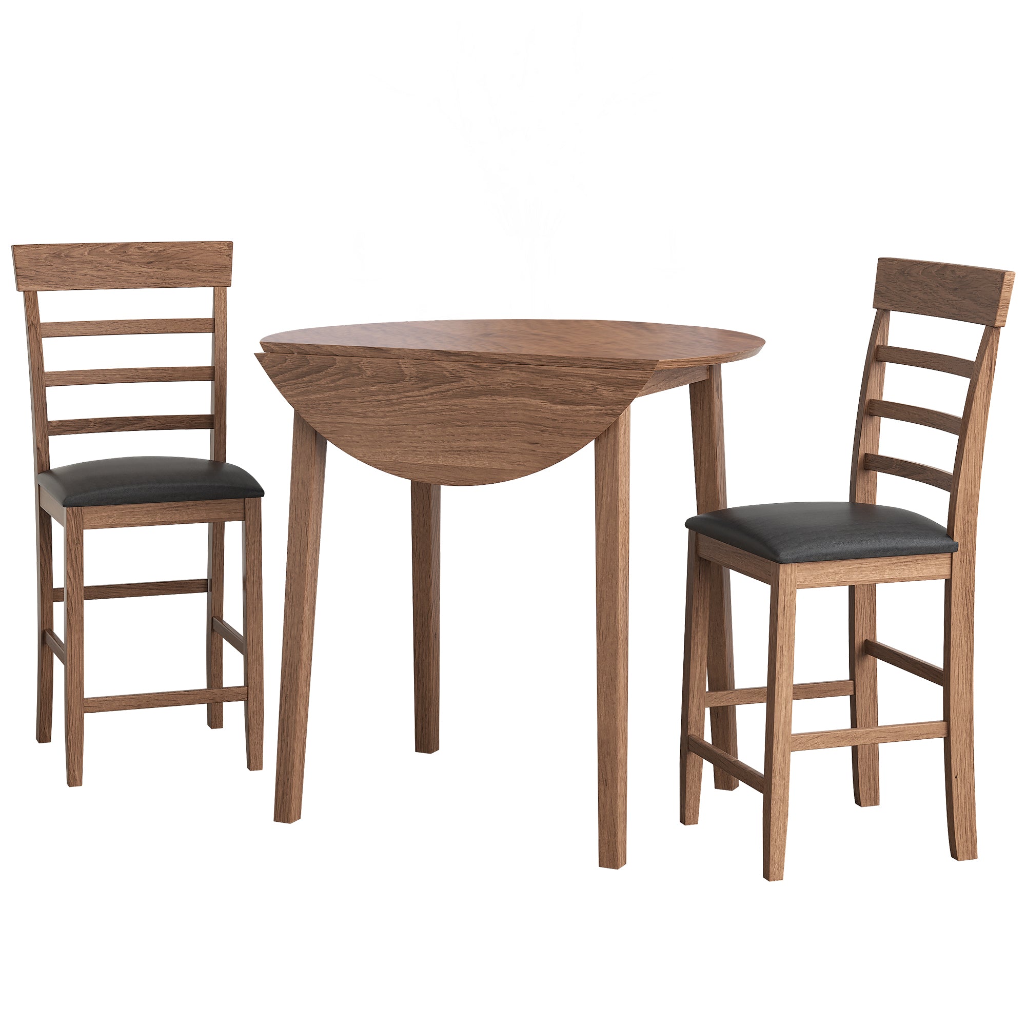 3 Pcs Retro Round Counter Height Drop-Leaf Table With 2 Upholstered Chairs Rubber Wood Dining Table Set Pub Set for Small Space Kitchen, Walnut Color