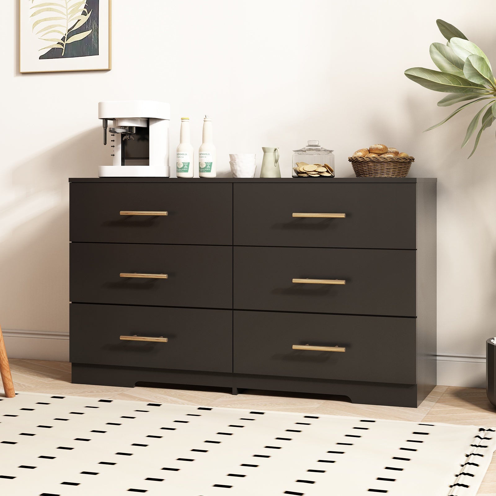 Large 6 Drawers Chest of Drawer Dressers Table With Golden Handle, Black Color