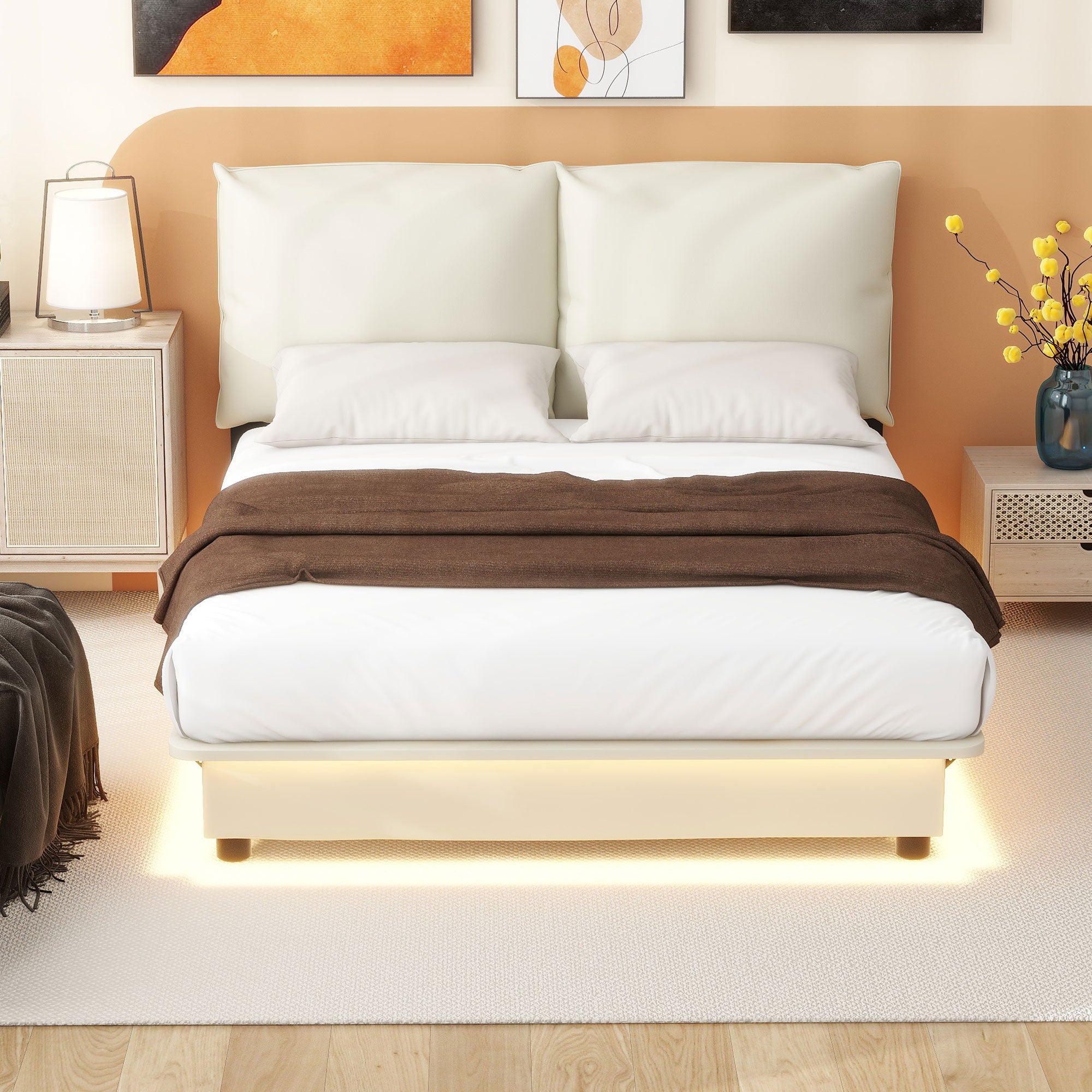 Full Size Upholstered Platform Bed with Sensor Light and Ergonomic Design Backrests, White