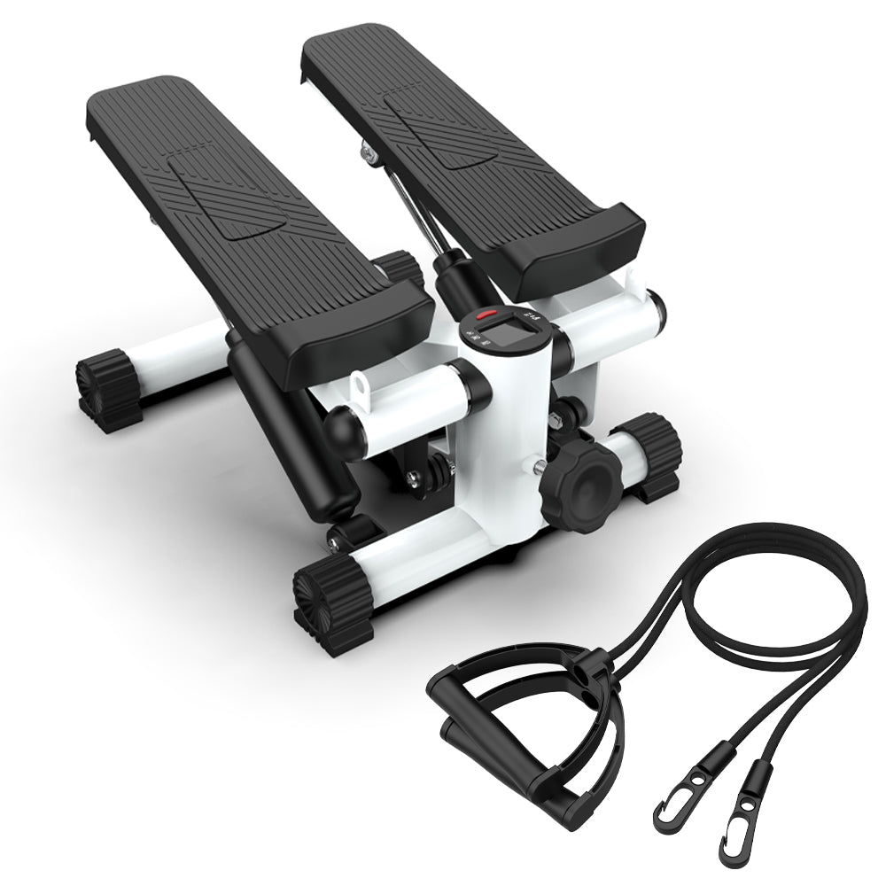 Mini Steppers for Exercise, Stair Stepper with Resistance Bands, Mini Stepper with 300LBS Loading Capacity, Hydraulic Fitness Stepper with LCD Monitor, Black & White