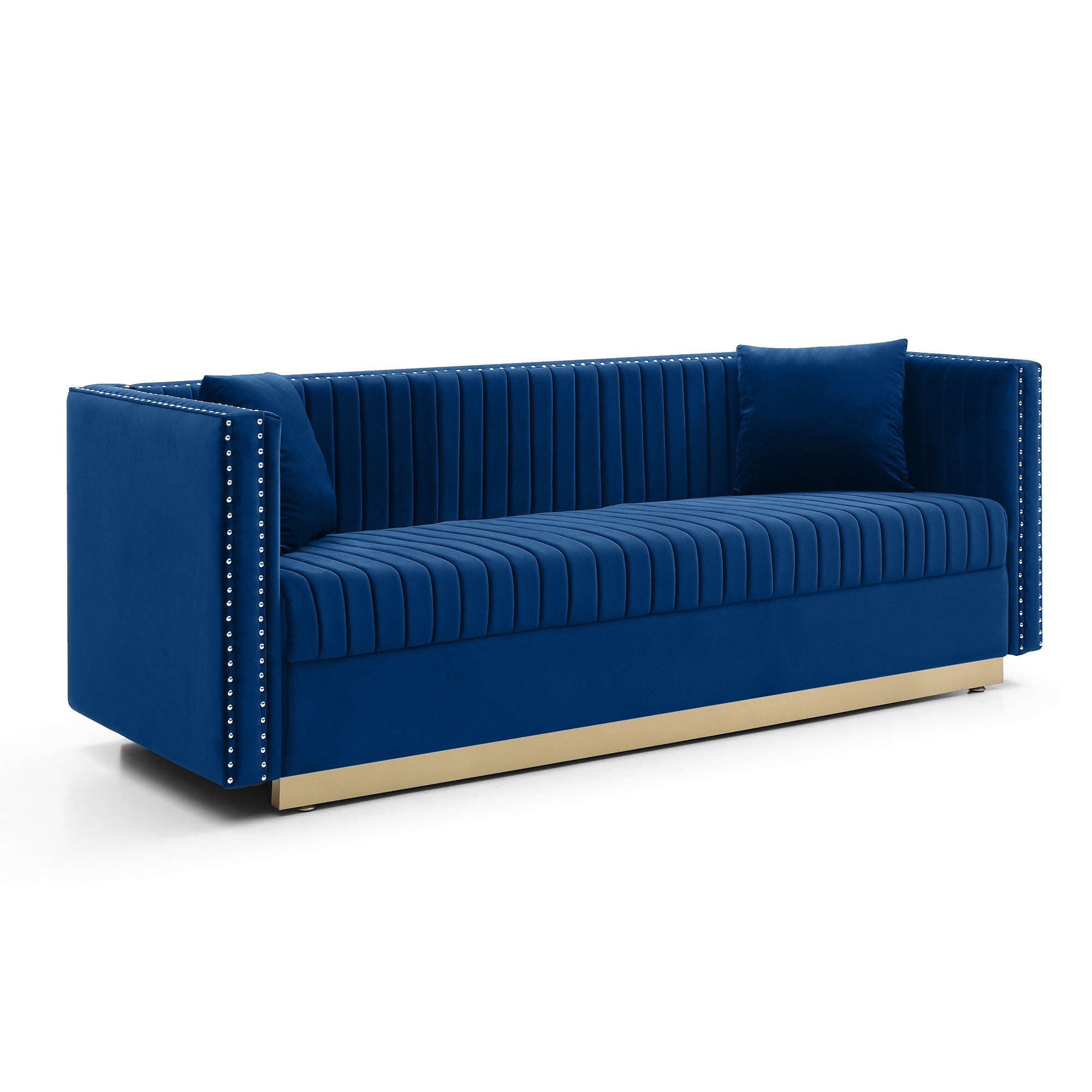 Contemporary Vertical Channel Tufted Velvet Sofa Modern Upholstered Couch for Living Room Apartment with 2 Pillows, Blue