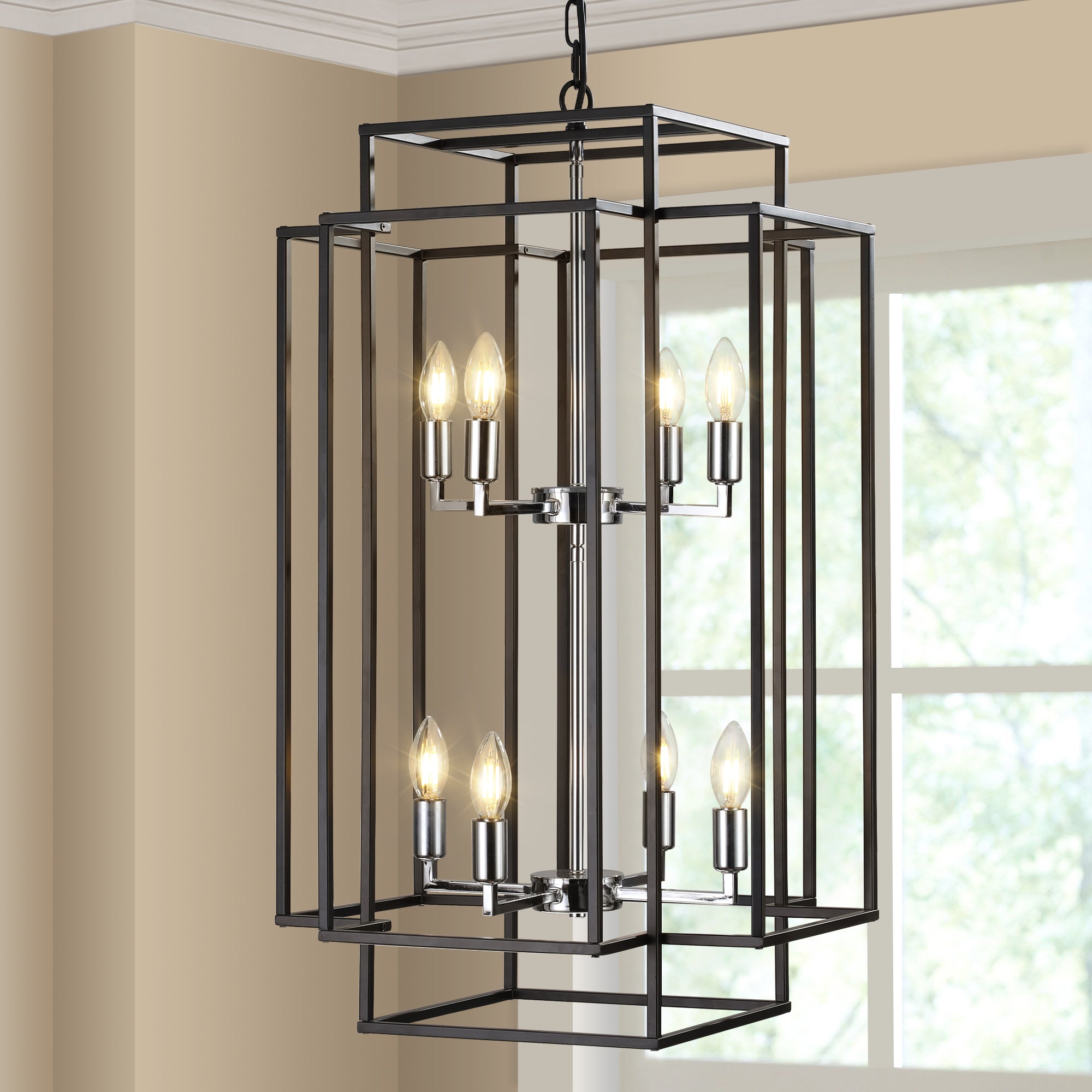 8-Lights Lantern Tiered Pendant Light Fixtures, Industrial Farmhouse Hanging Chandelier for Entryway, Foyer, Living Room, Kitchen Island, Staircase (Black & Silver)