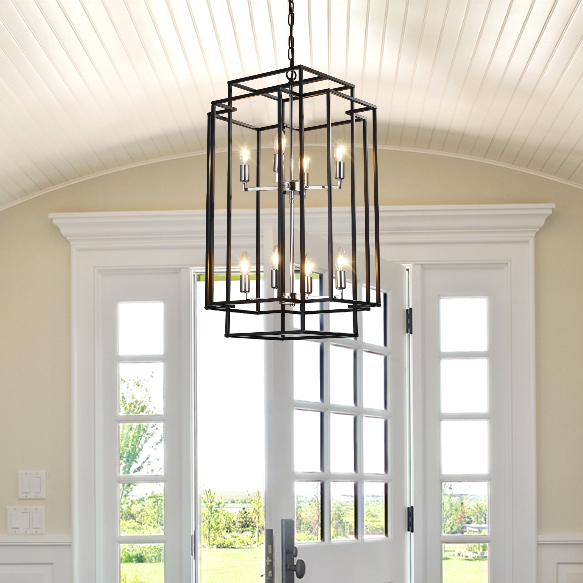 8-Lights Lantern Tiered Pendant Light Fixtures, Industrial Farmhouse Hanging Chandelier for Entryway, Foyer, Living Room, Kitchen Island, Staircase (Black & Silver)