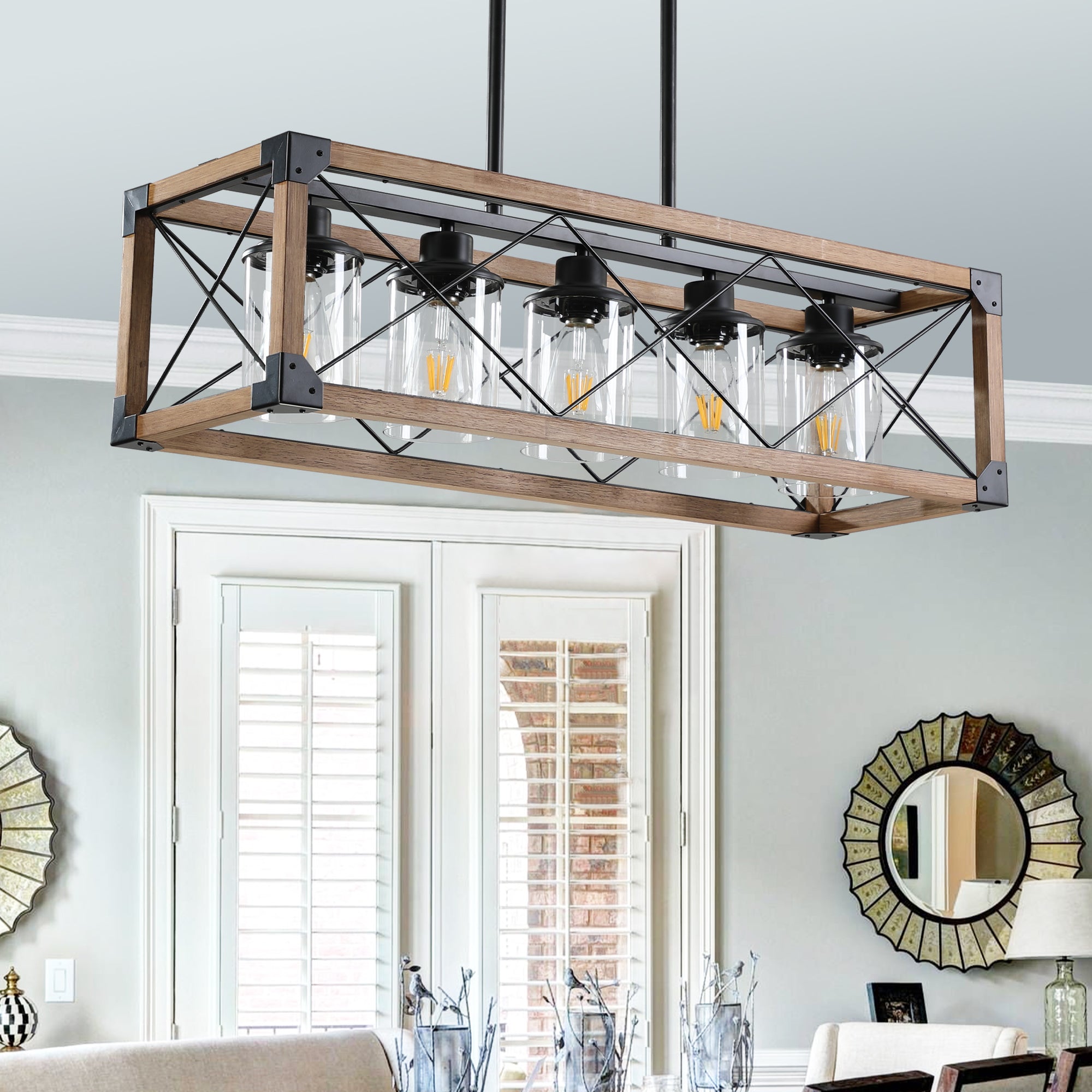 5-Light Retro Farmhouse Chandelier for Kitchen, Living Room, Dining Room Walnut(No Bulbs)